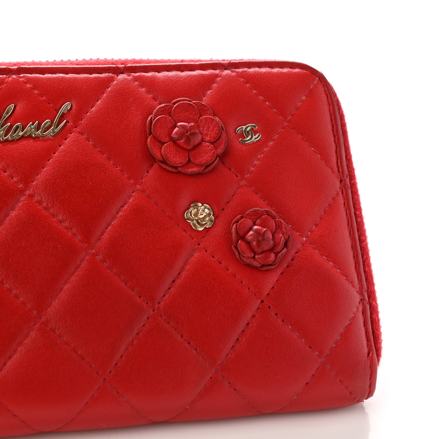 Lambskin Quilted Camellia Zip Around Wristlet Wallet Red