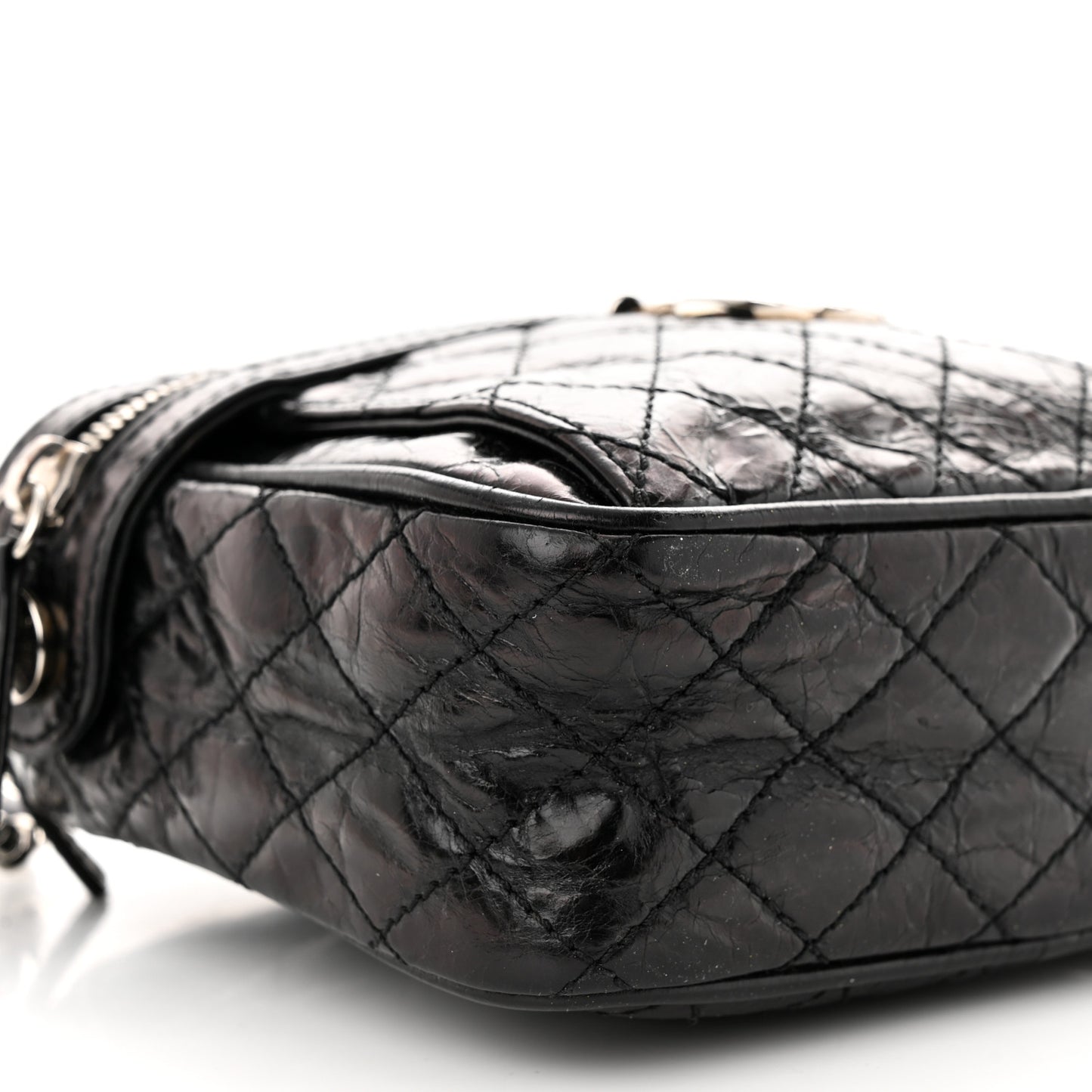 Glazed Crackled Calfskin Quilted CC Crossbody Black