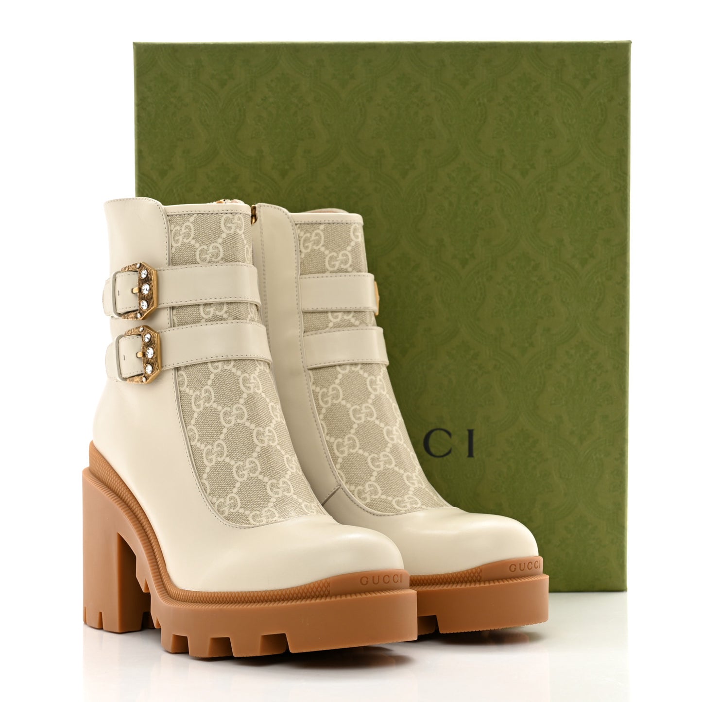 Kensington Calfskin Nappa GG Supreme Monogram Womens Double Buckle Ankle Boots 39 Mystic White Beige