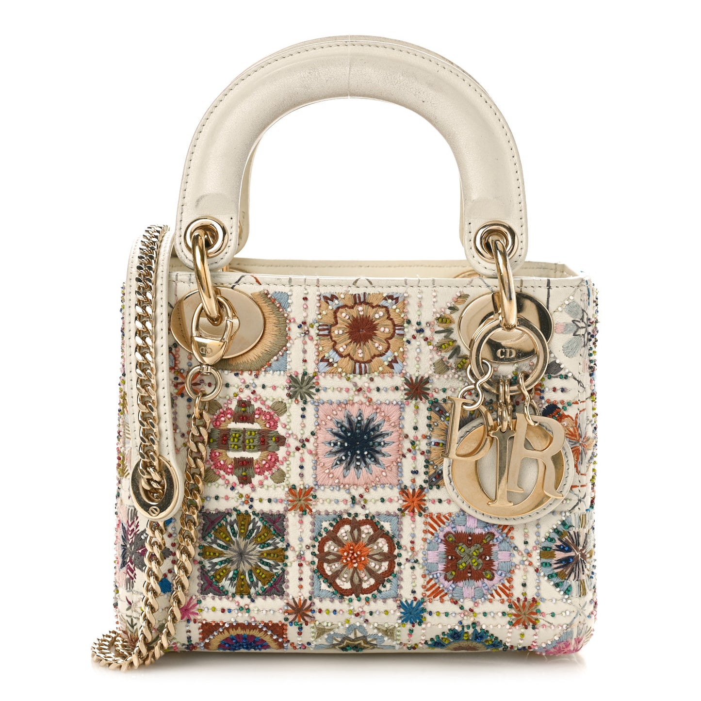 Calfskin Embroidered Beaded Geometric Cannage Mini Lady Dior White Multicolor