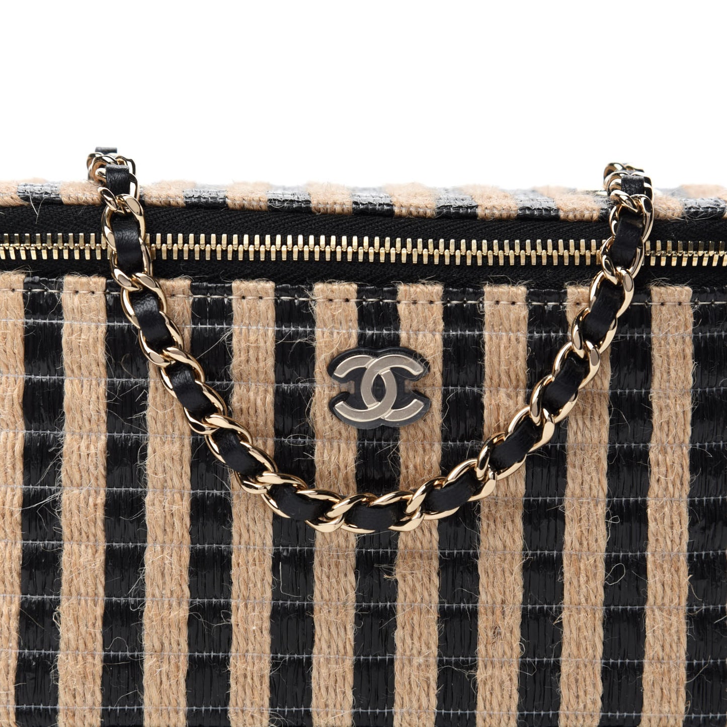 Raffia Jute Striped Small Vanity Case With Chain Black Beige