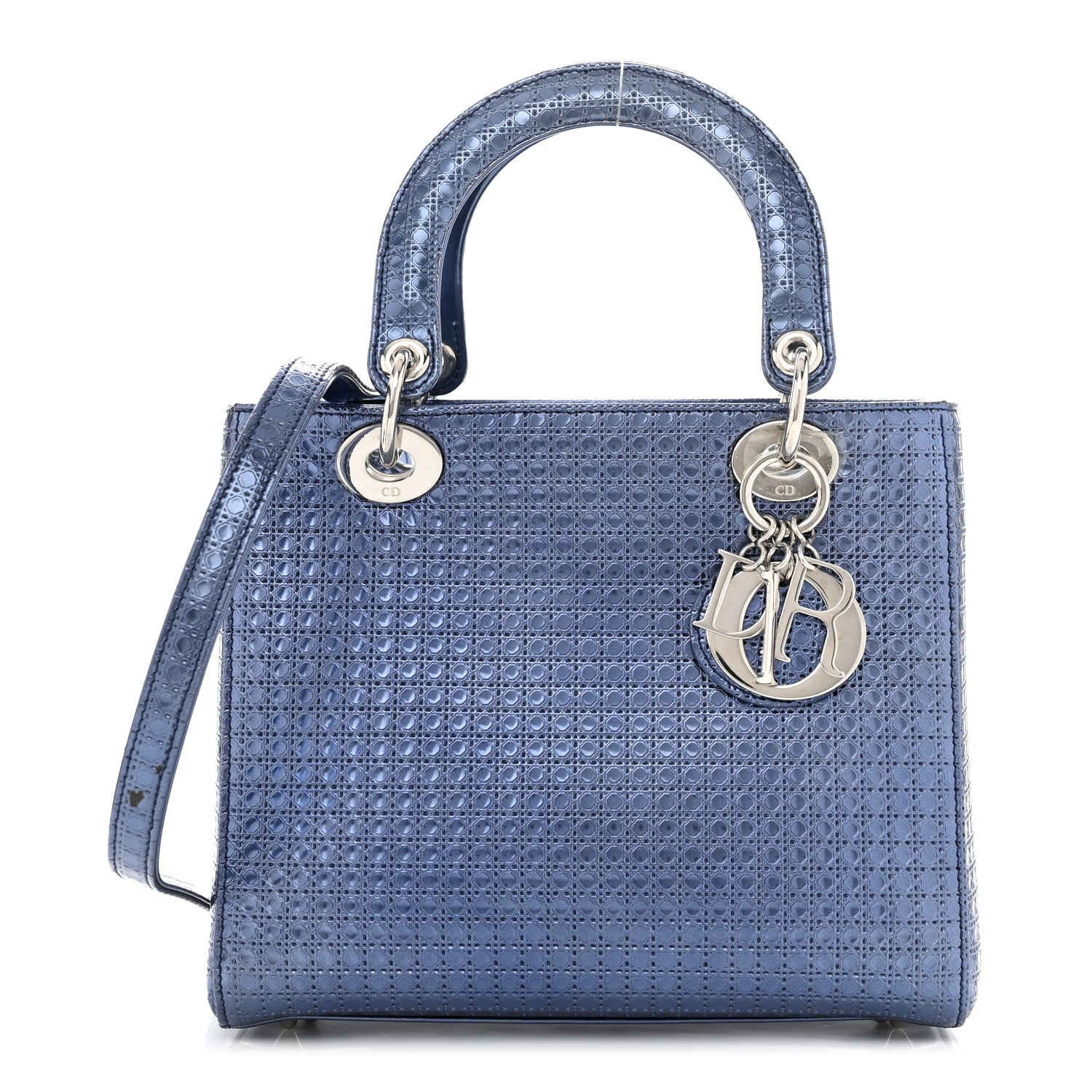 Christian Dior Metallic Patent Micro-Cannage Medium Lady Dior Blue 1 of 12