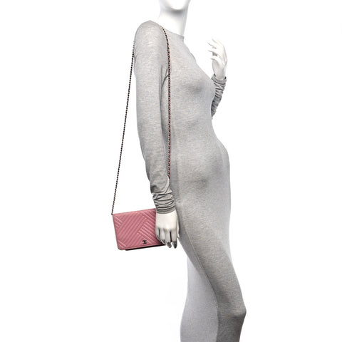 Lambskin Quilted CC Crossing Wallet On Chain WOC Pink