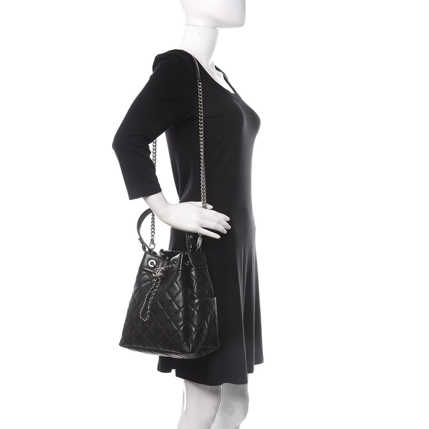 Caviar Quilted Small Chain Bucket Bag Black
