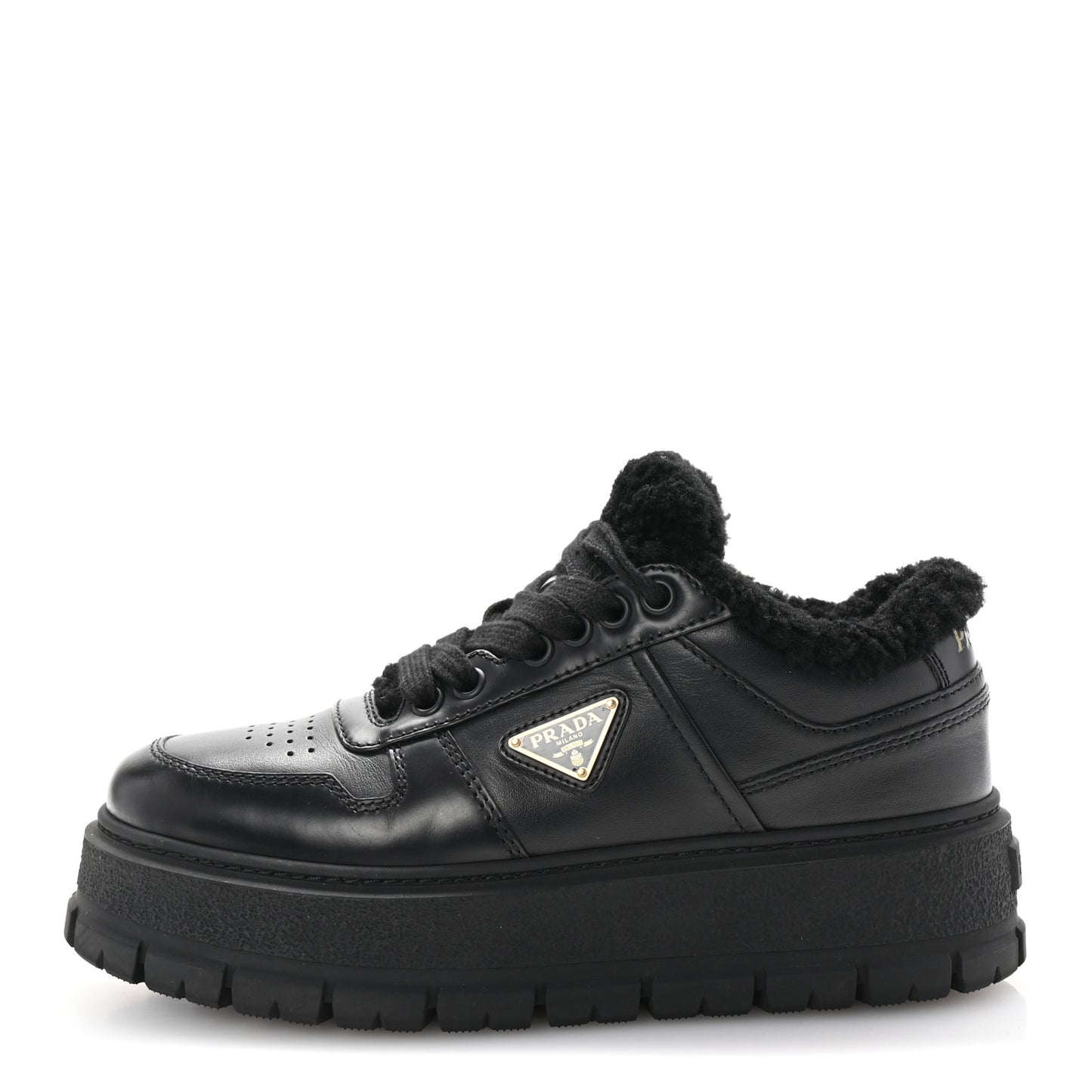 Calfskin Shearling Metal Triangle Logo Sneakers 35.5 Black