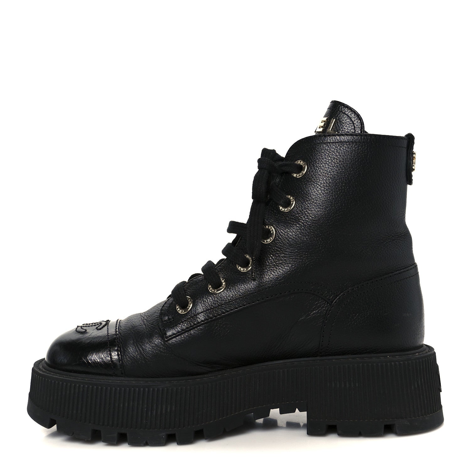 Chanel Grained Calfskin Shiny Calfskin CC Lace Up Combat Boots