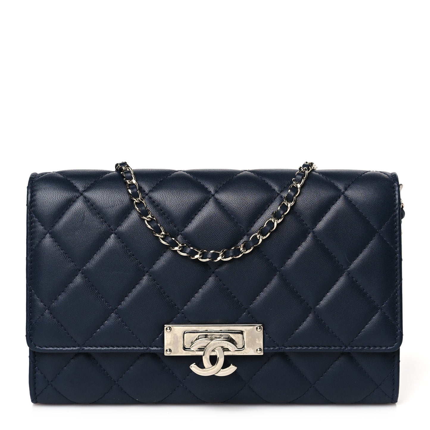 Lambskin Quilted Golden Class Clutch with Chain Navy Blue