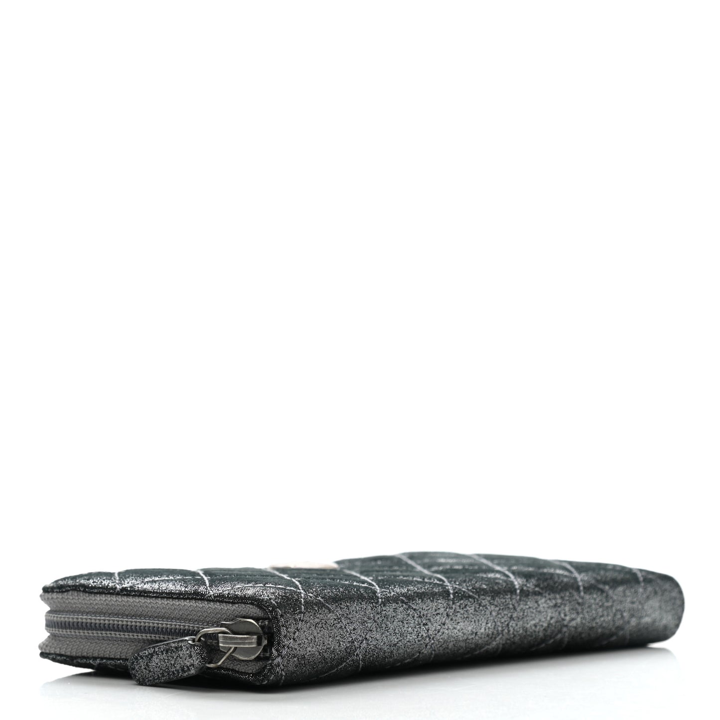 Iridescent Calfskin Quilted Tartan Button Zip Around Wallet Grey