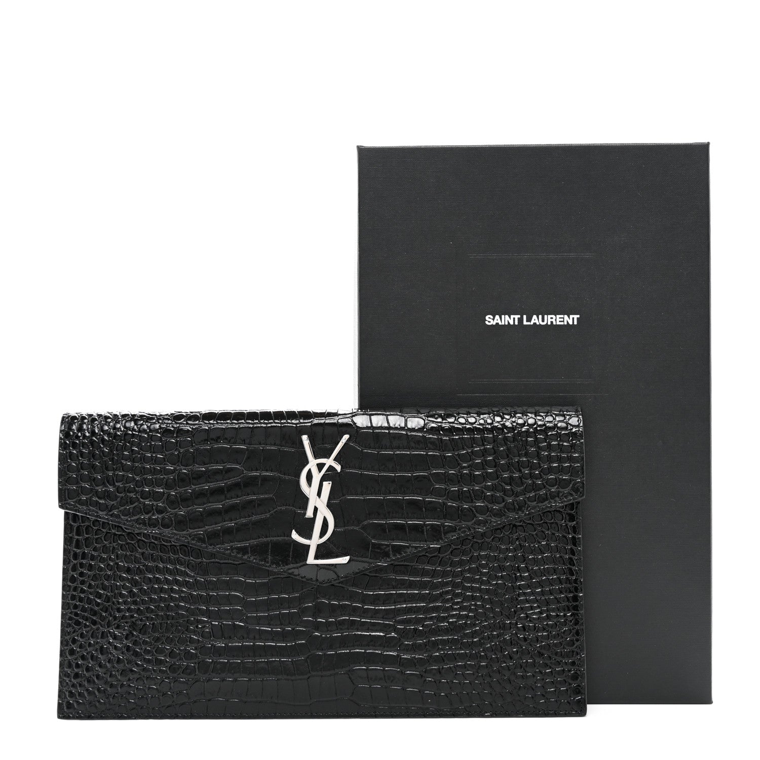 Saint Laurent Calfskin Crocodile Embossed Uptown Monogram Pouch Black 8 of 8