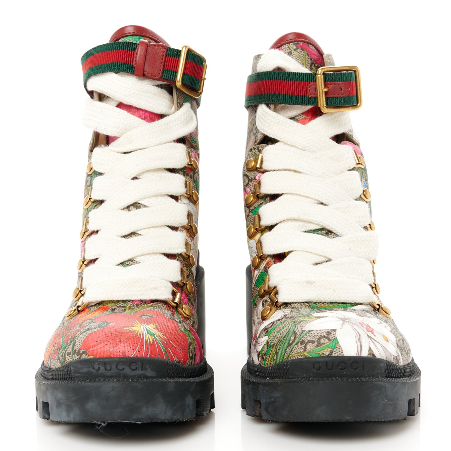GG Supreme Monogram Flora Lace Up Combat Ankle Boots 38.5 Beige Multicolor Red