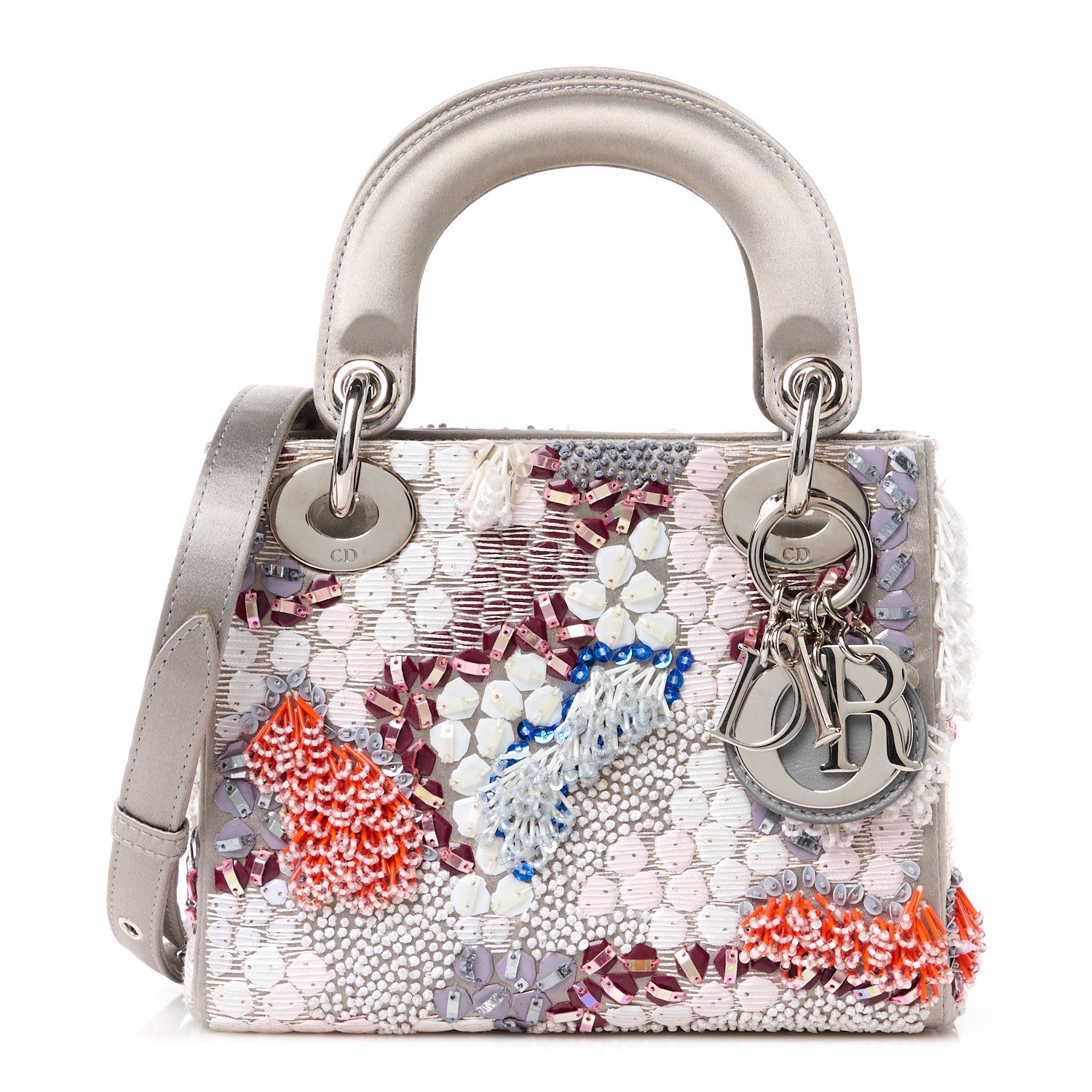 Christian Dior Satin Beaded Sequin Mini Lady Dior Grey Multicolor 1 of 11