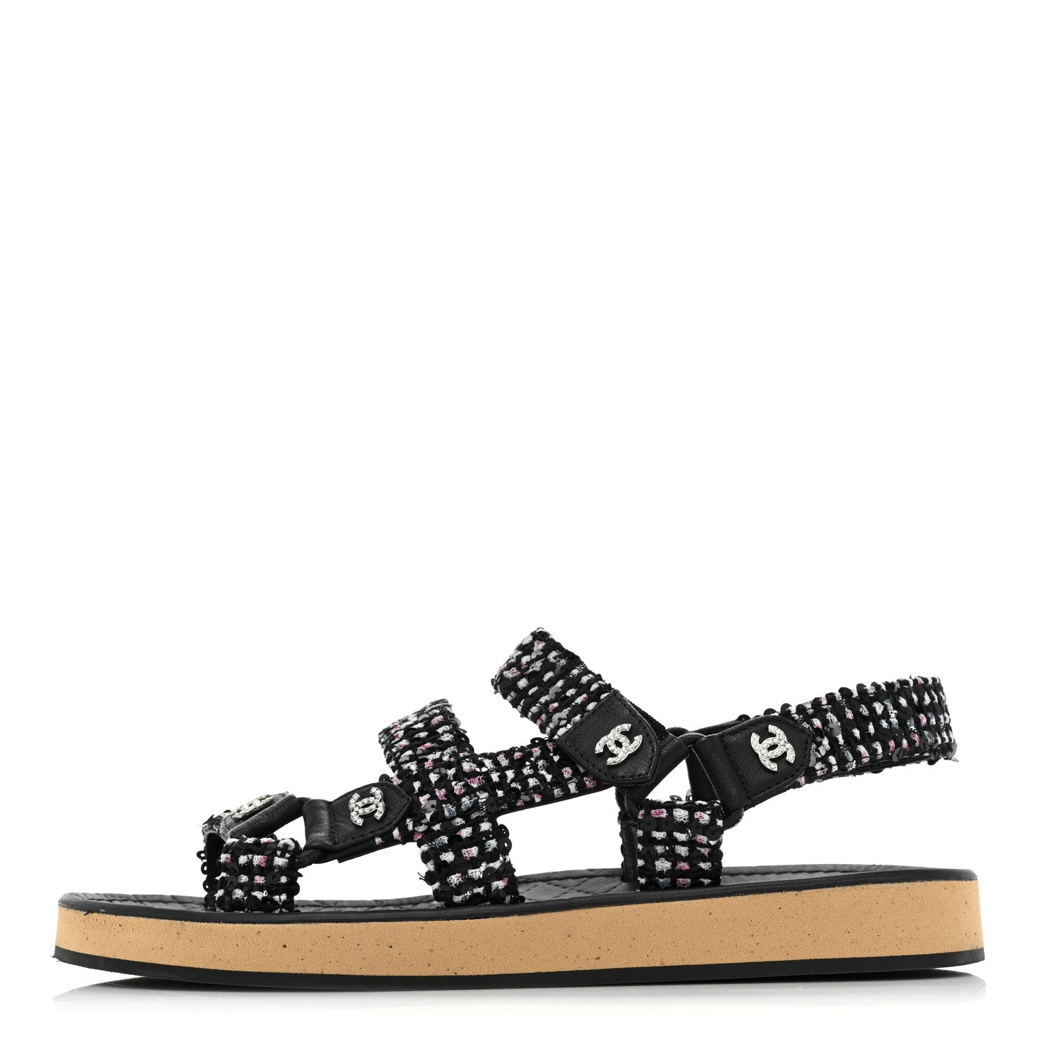 Chanel Tweed Lambskin Crystal CC Sandals 37 Black Multicolor 1 of 13