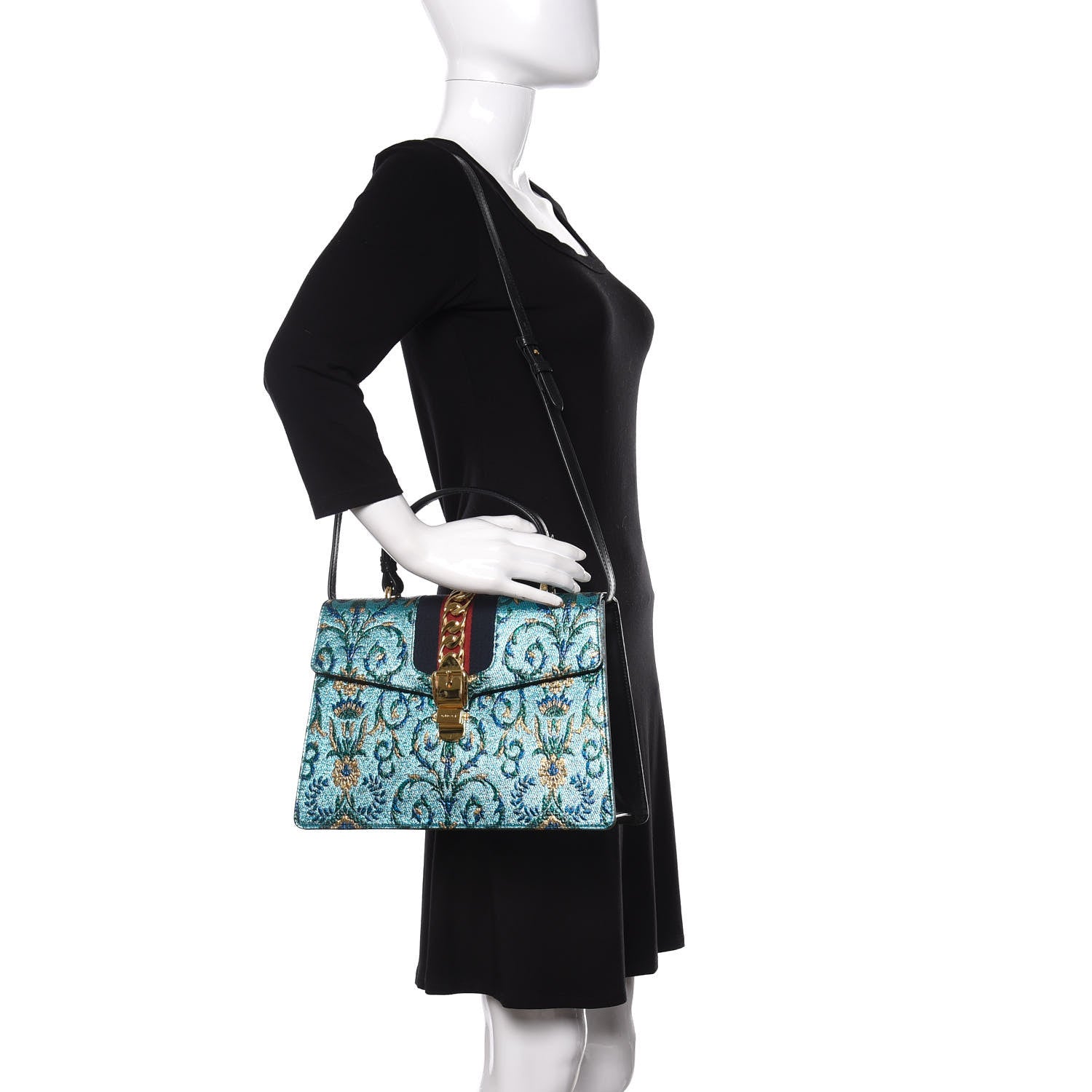 Gucci Iridescent Brocade Medium Sylvie Top Handle Bag Blue 2 of 11