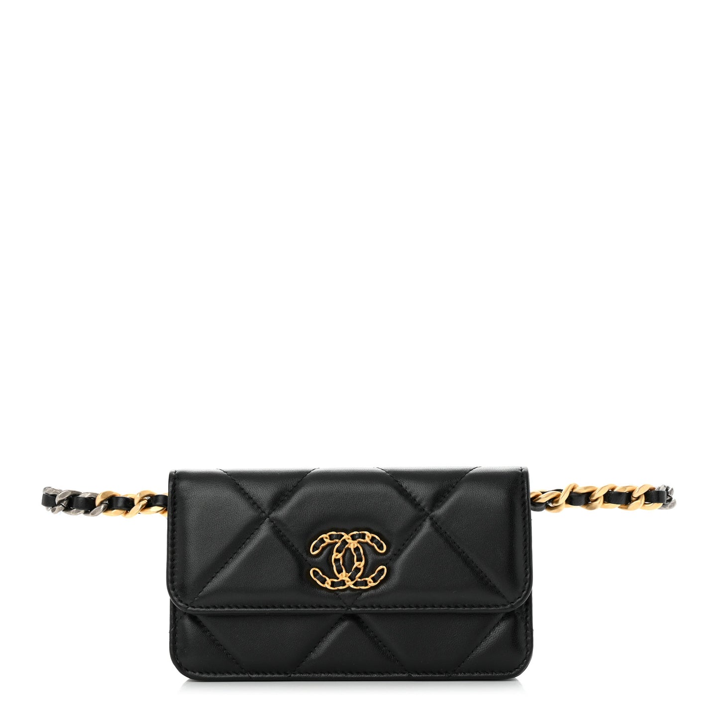 Lambskin Quilted Chanel 19 Belt Phone Holder Bag Black