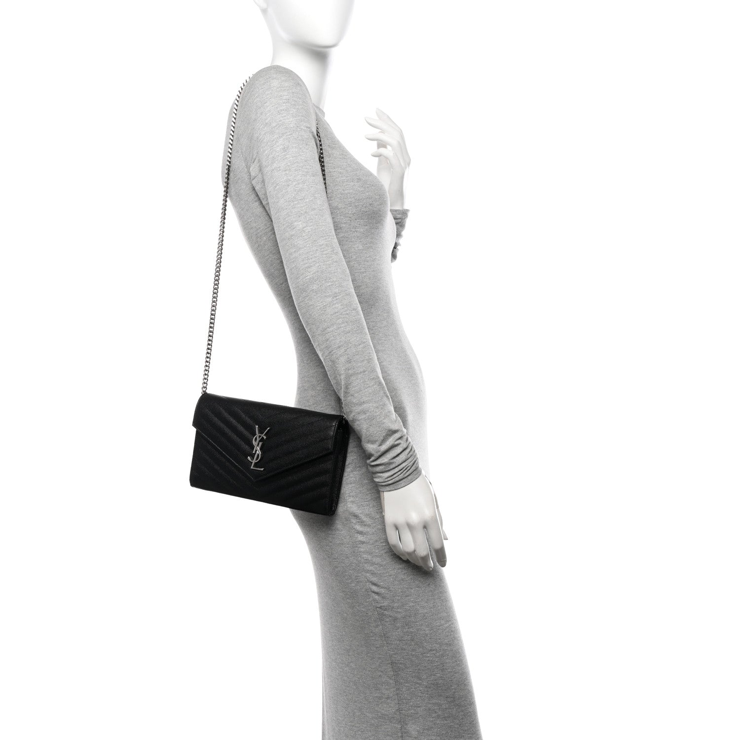 Saint Laurent Grain De Poudre Matelasse Chevron Monogram Chain Wallet Black 2 of 12