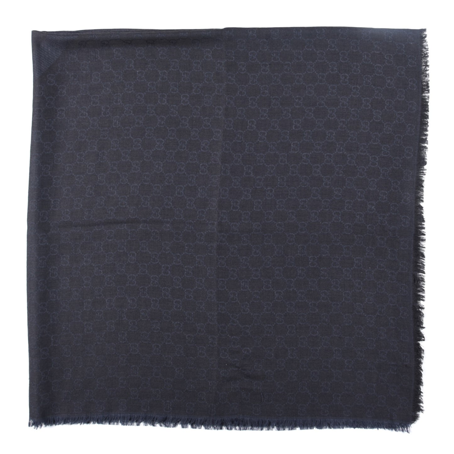 Wool Silk Monogram Fringe Shawl Dark Grey