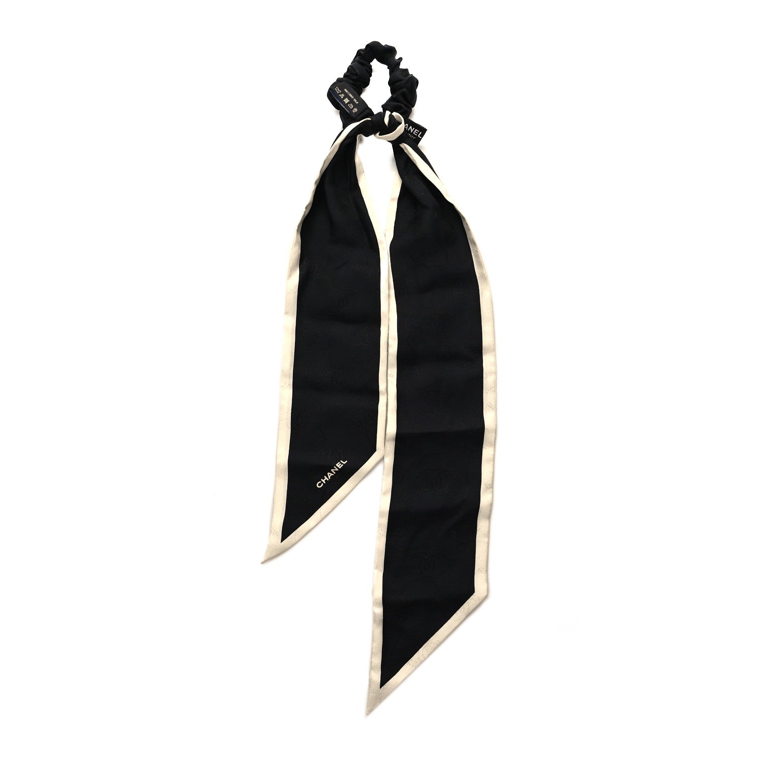 Chanel Silk Twill Hair Tie White Black 1 of 3