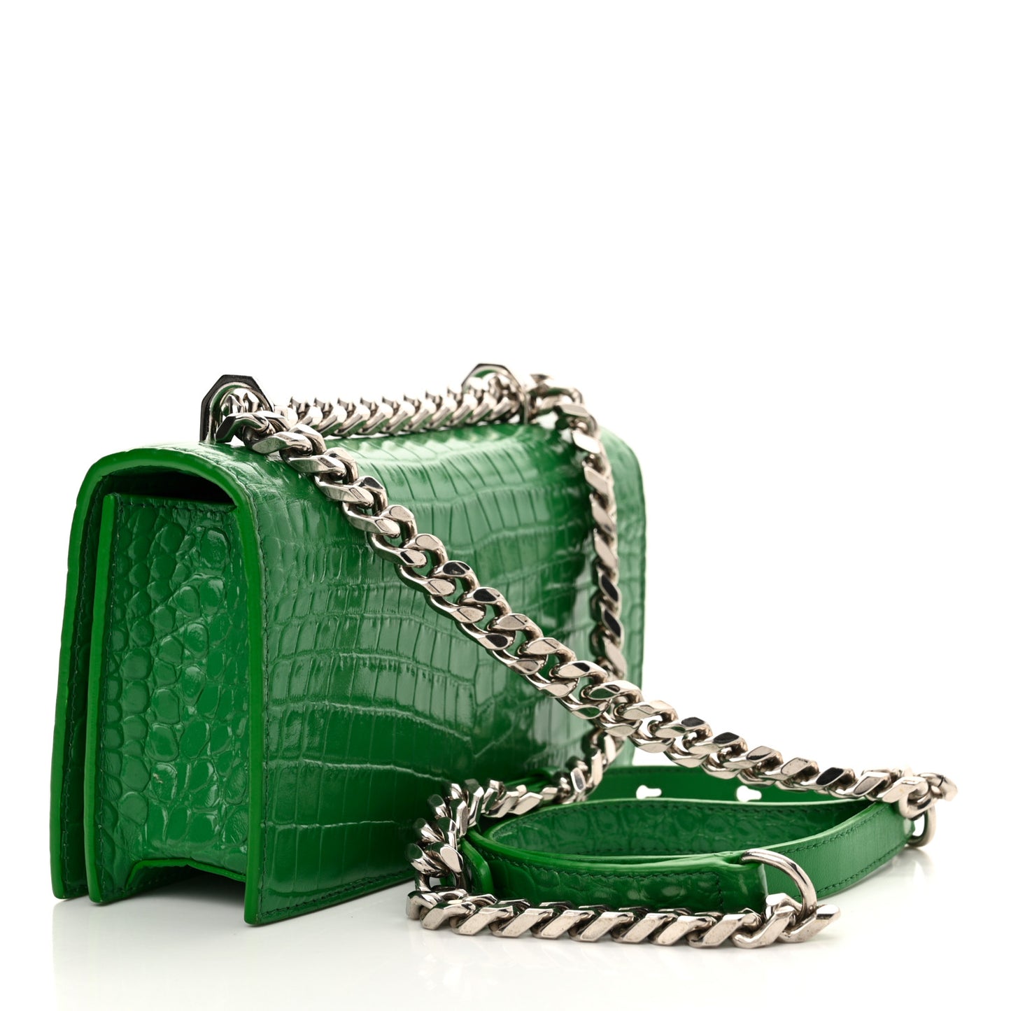 Calfskin Crocodile Embossed Knuckle Shoulder Bag Green