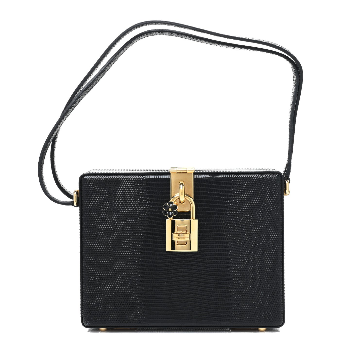 Calfskin Lizard Embossed Padlock Box Shoulder Bag Black