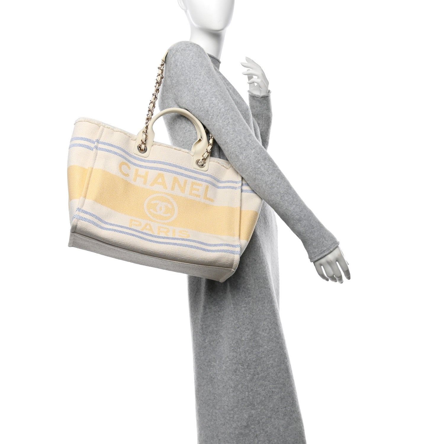 Chanel Striped Canvas Medium Deauville Tote Ecru Blue Yellow 2 of 13