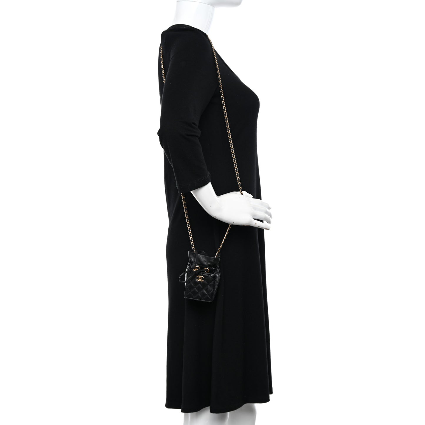 Calfskin Quilted Mini Drawstring Bucket Bag Black