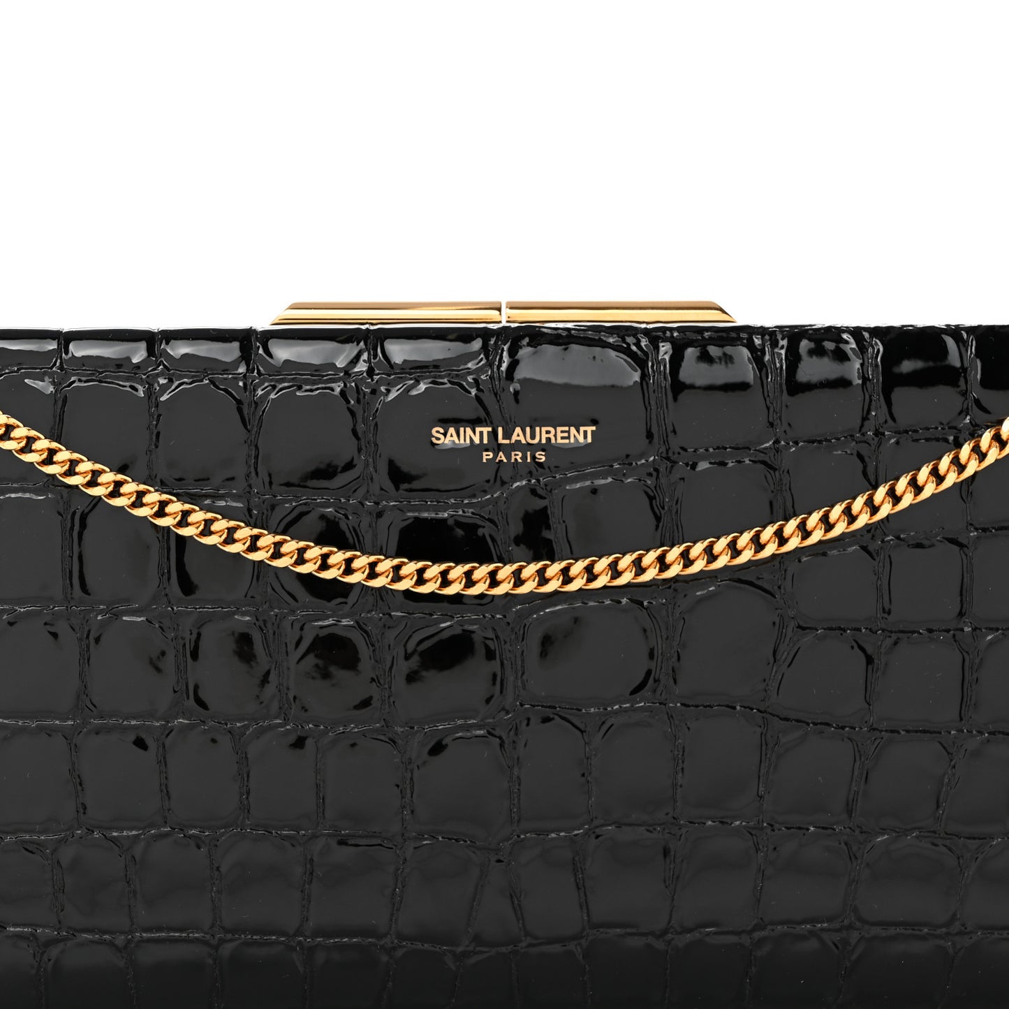 Lacquered Calfskin Crocodile Embossed Small Midnight Clutch Black