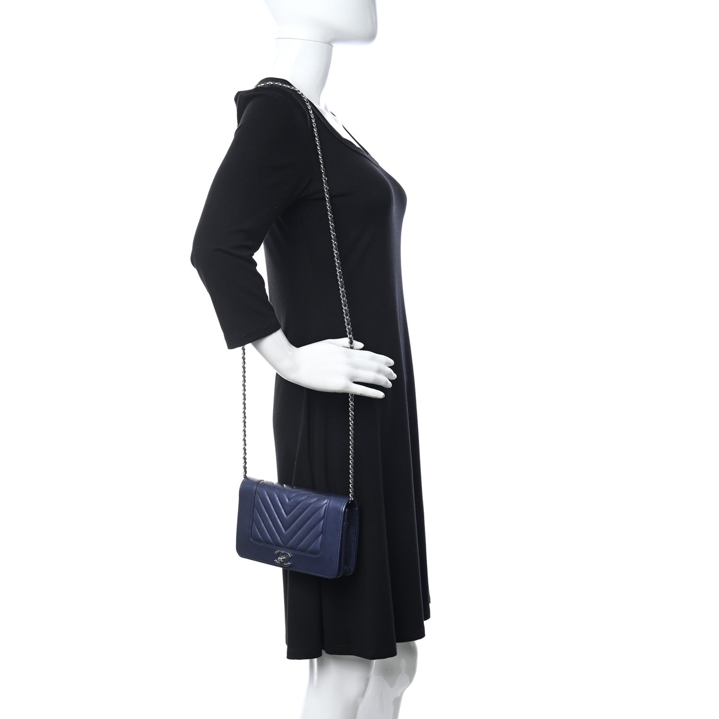 Metallic Sheepskin Chevron Quilted Vintage Mademoiselle Wallet On Chain WOC Navy