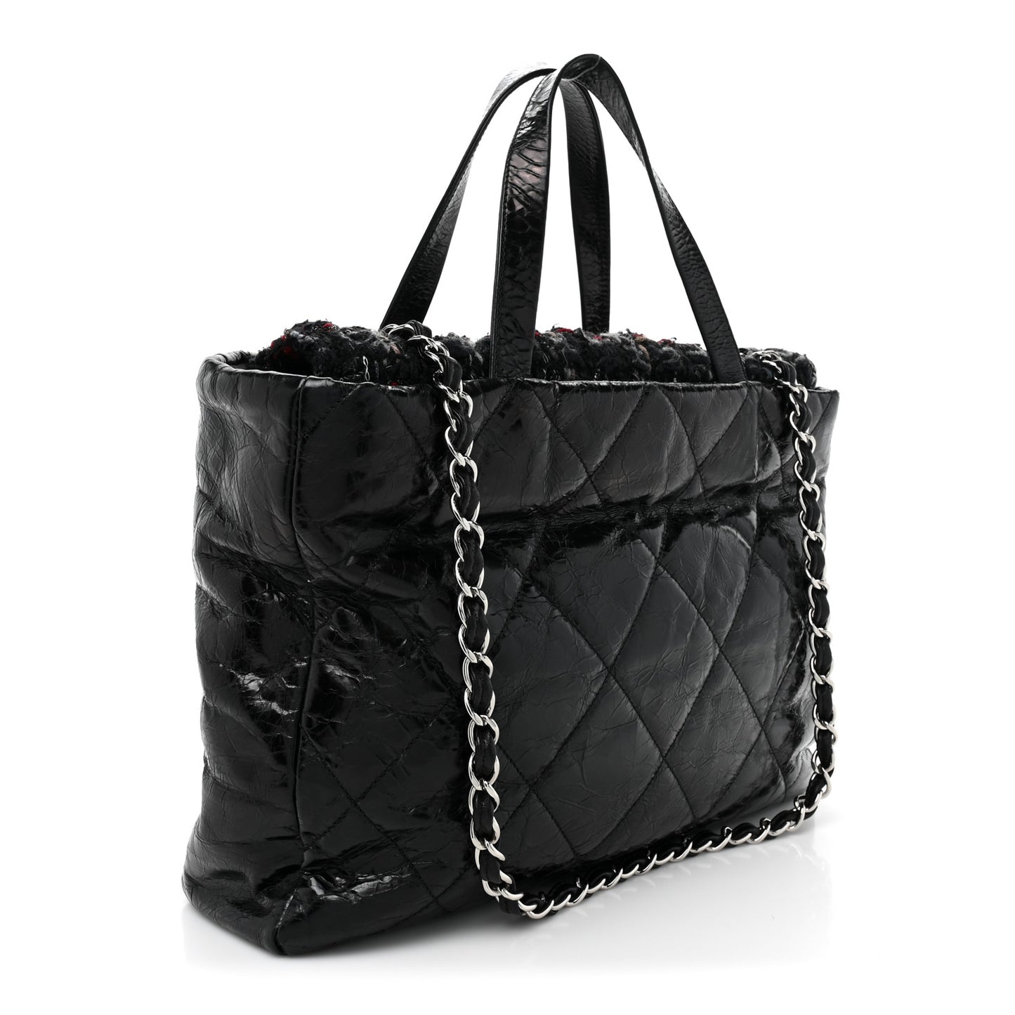 Glazed Calfskin Quilted Tweed Portobello Tote Black Red