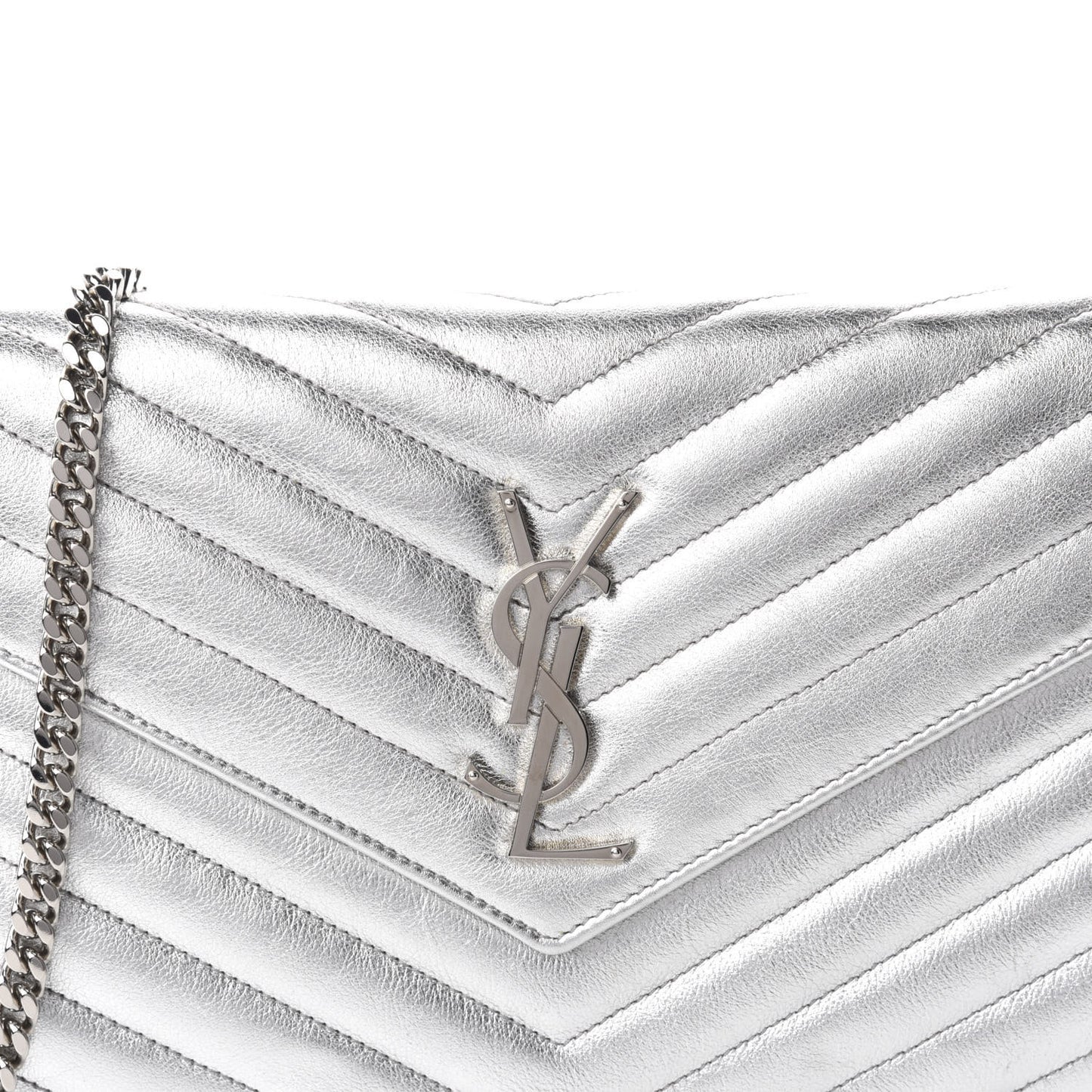 Metallic Lambskin Matelasse Chevron Monogram Chain Wallet Argento