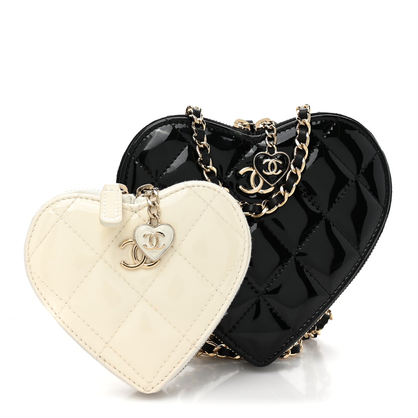 Patent Calfskin Resin Quilted CC Heart Clutch With Chain Black