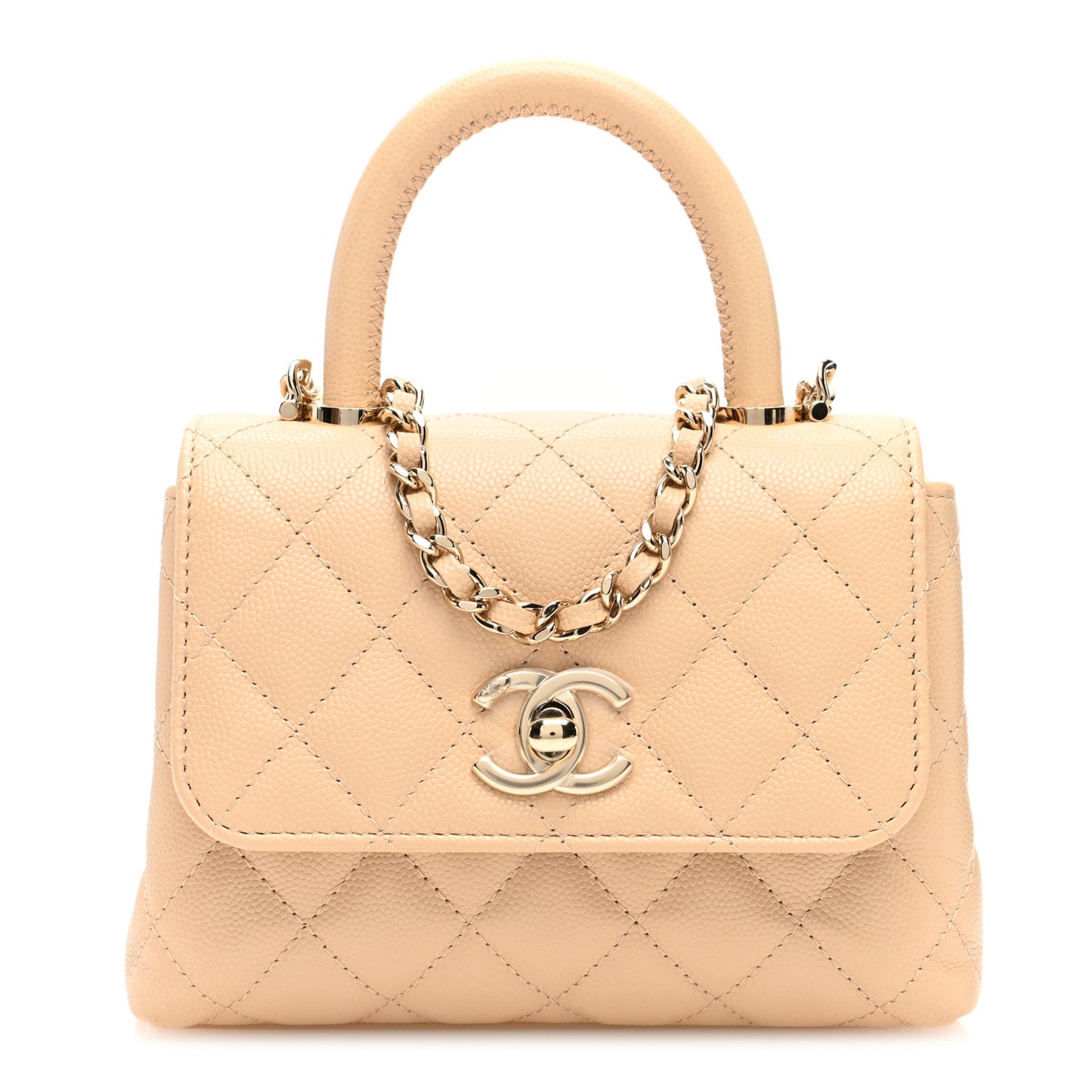 Caviar Quilted Coco Handle Clutch With Chain Beige
