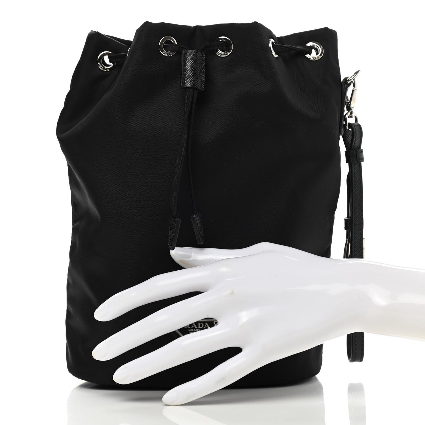 Saffiano Tessuto Nylon Vela Bucket Wristlet Black