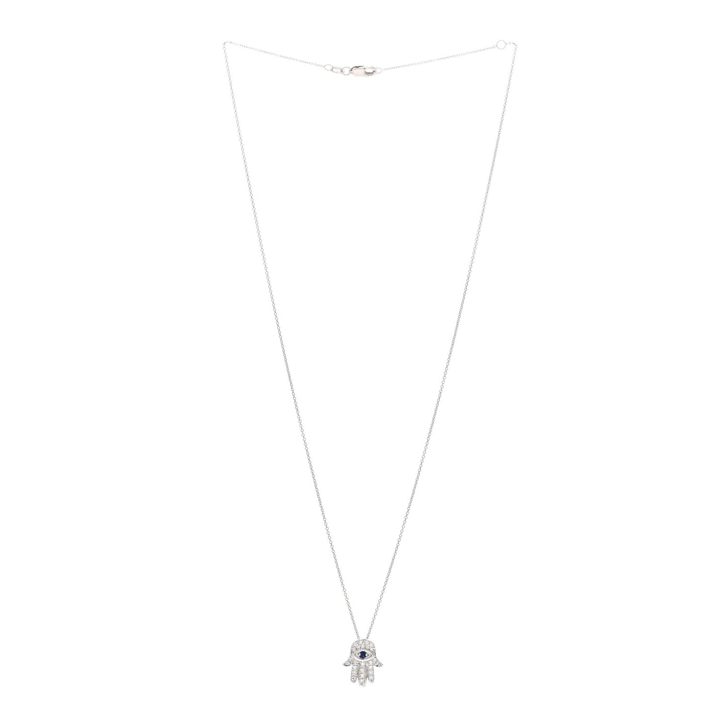 18K White Gold Diamond Blue Sapphire Hamsa Pendant Necklace