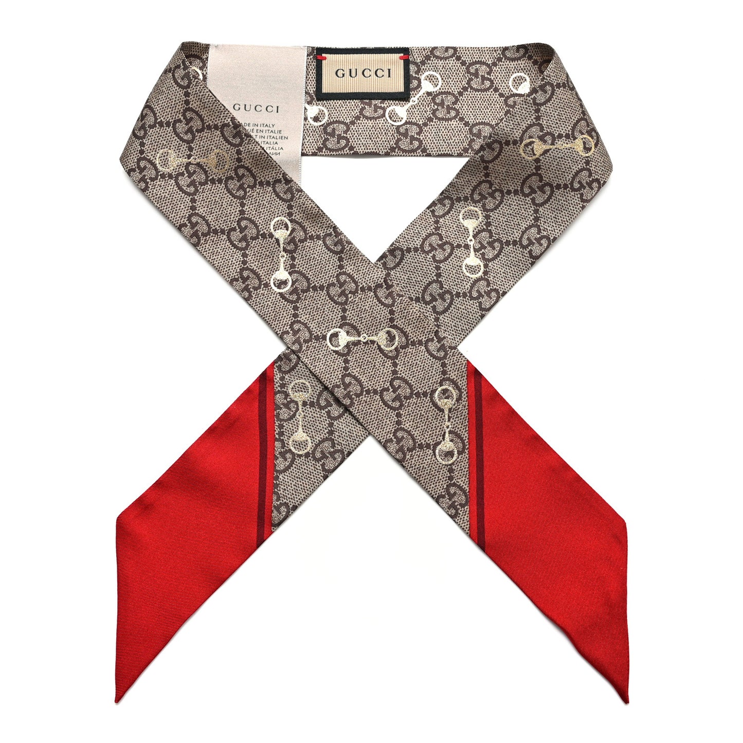 Silk Twill GG Monogram Gold Horsebity Neck Bow Scarf Flame