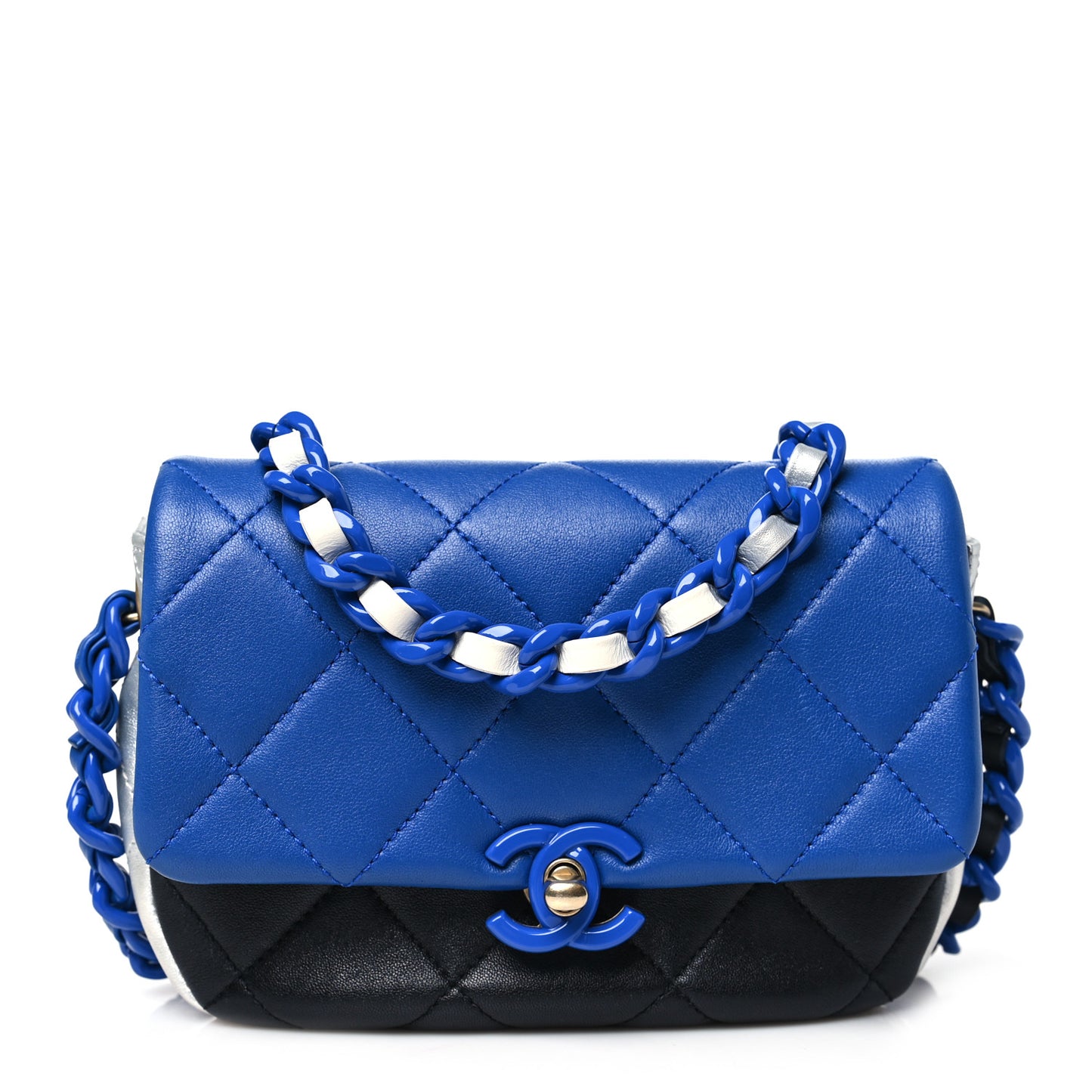 Lambskin Quilted Messenger Flap Blue Silver Black