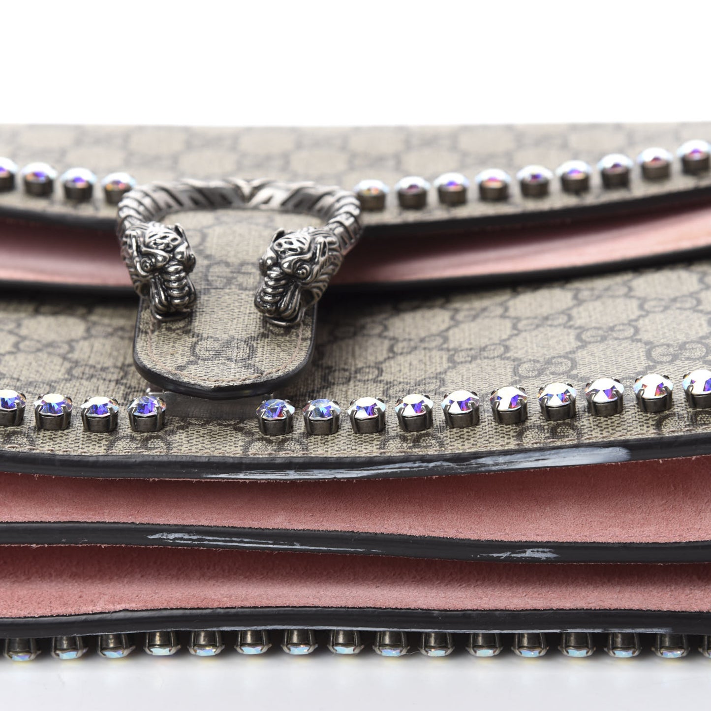 GG Supreme Monogram Suede Crystal Medium Dionysus Shoulder Bag Beige Ebony Light Peonia