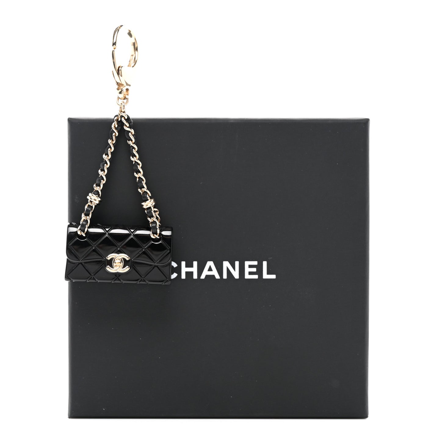 Calfskin Metal Resin CC Quilted Flap Bag Charm Gold Black