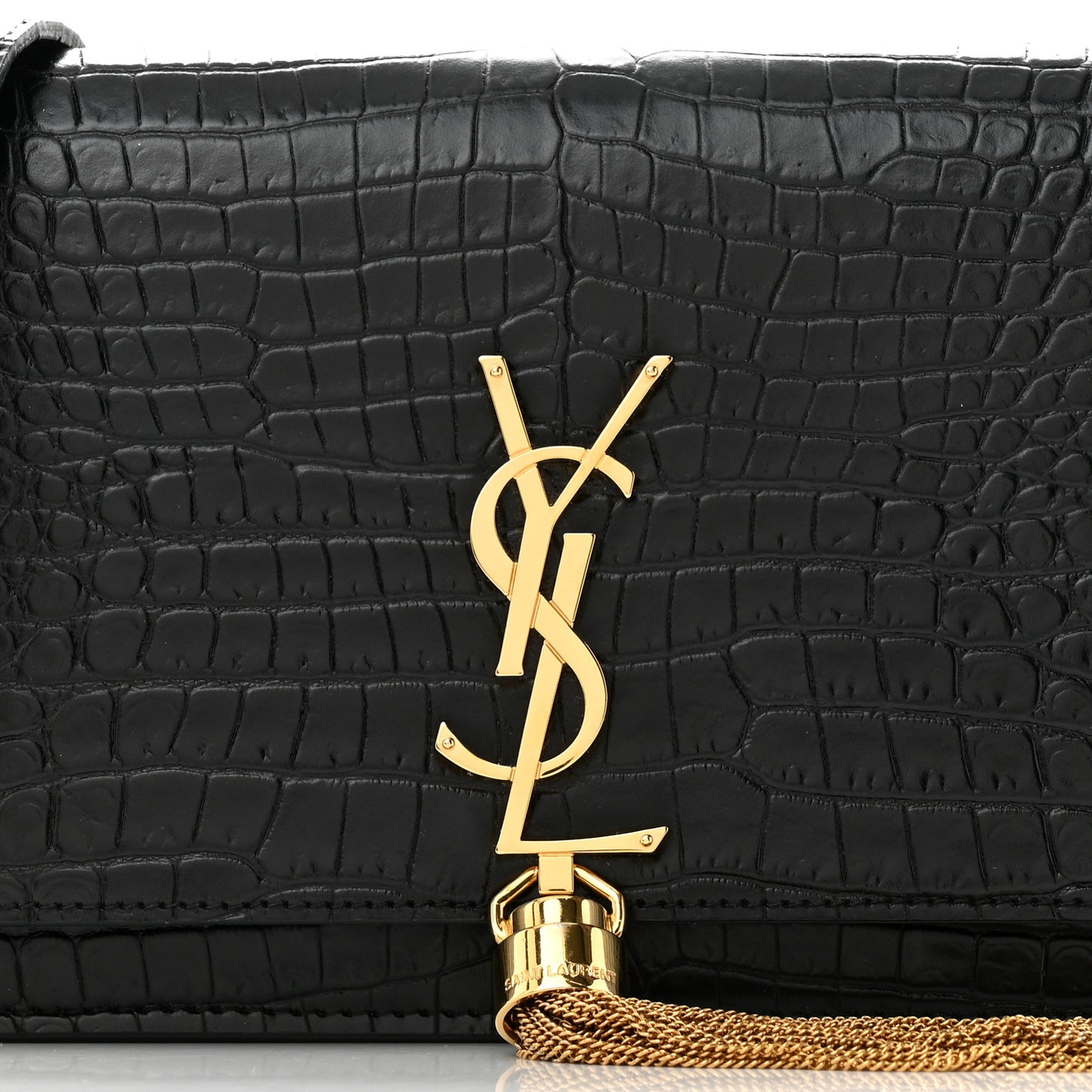 SAINT LAURENT Calfskin Crocodile Embossed Kate Monogram Tassel Chain Wallet Black