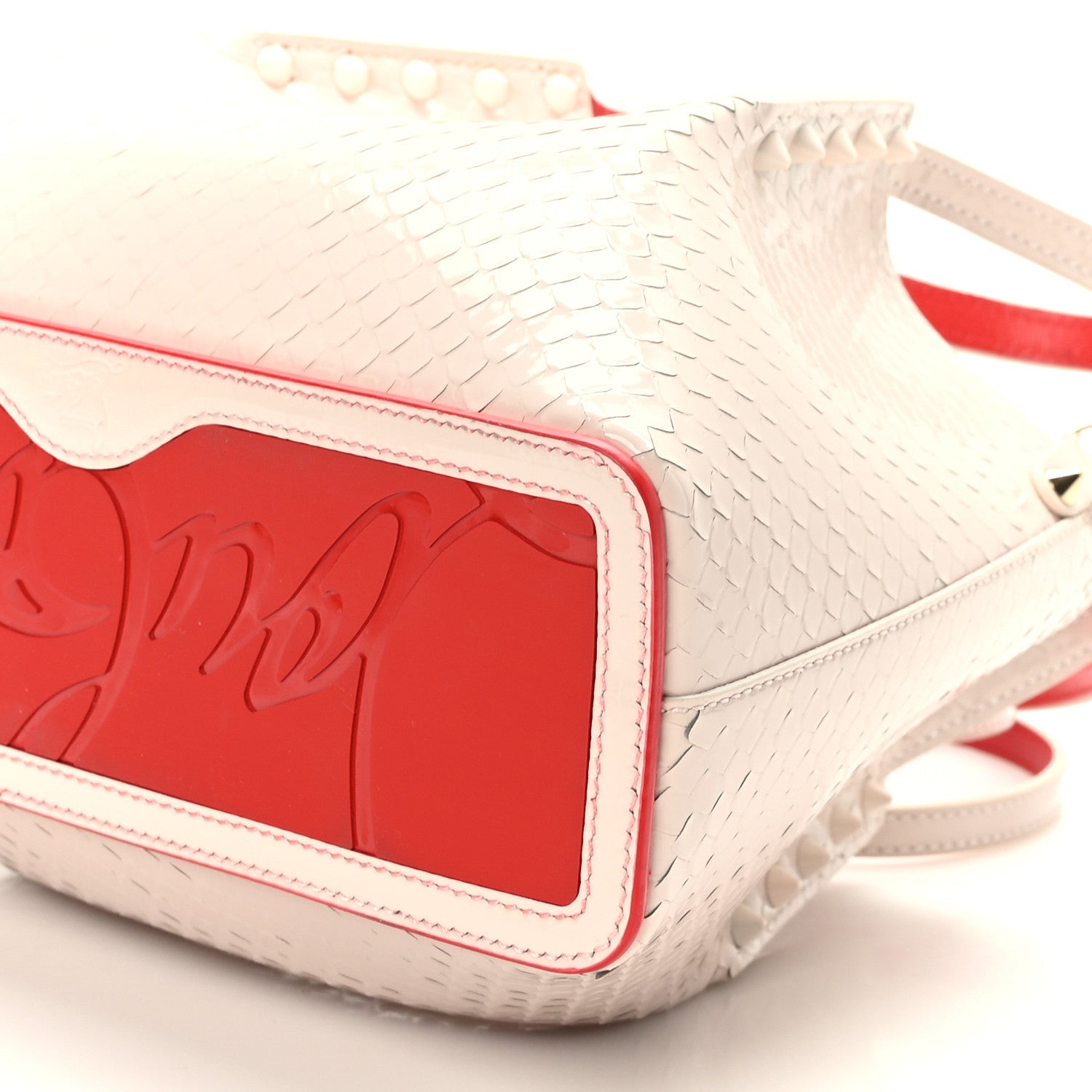 Christian Louboutin Patent Snakeskin Embossed Spiked Mini Cabarock Shopper Tote Leche 7 of 7