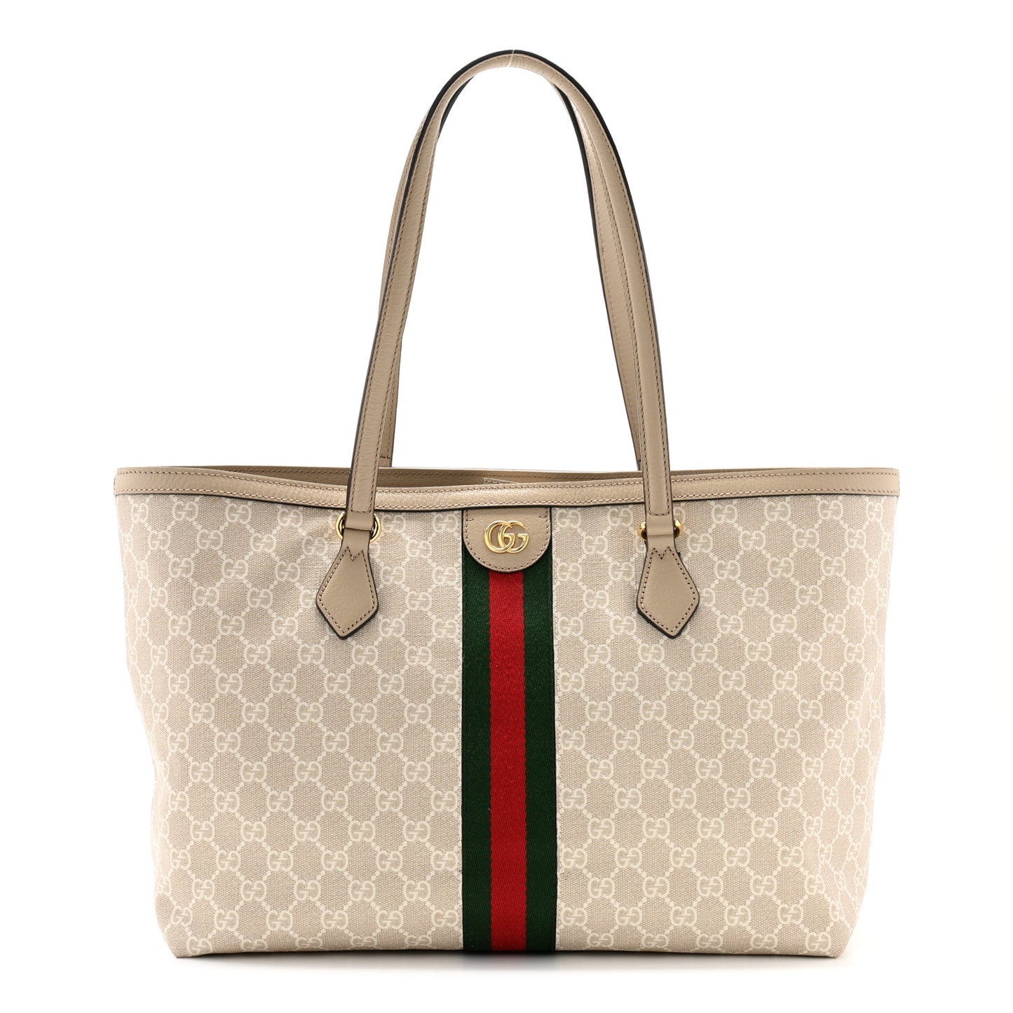 GG Supreme Monogram Textured Dollar Calfskin Web Medium Ophidia Shopping Tote Beige Mystic White Oatmeal