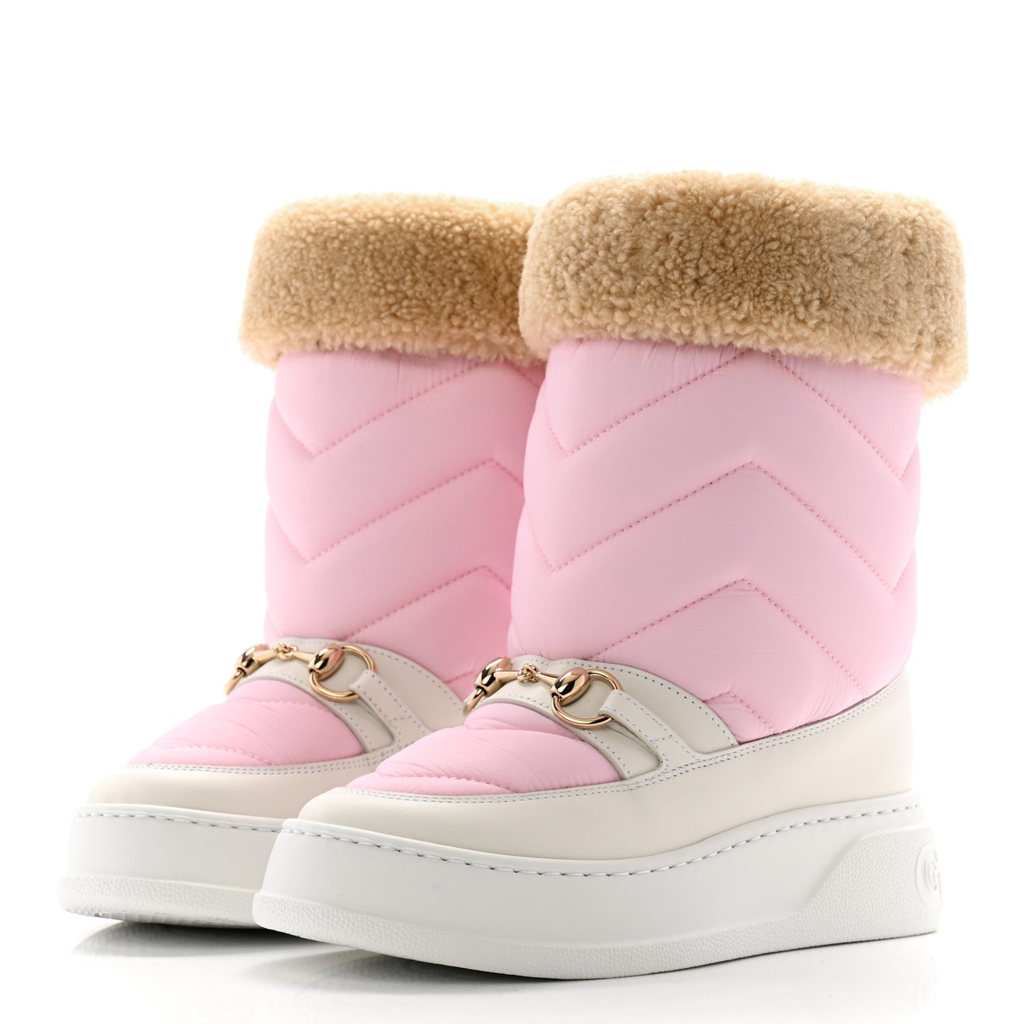 Calfskin Matelasse Shearling Horsebit Snow Boots 34 Pink White