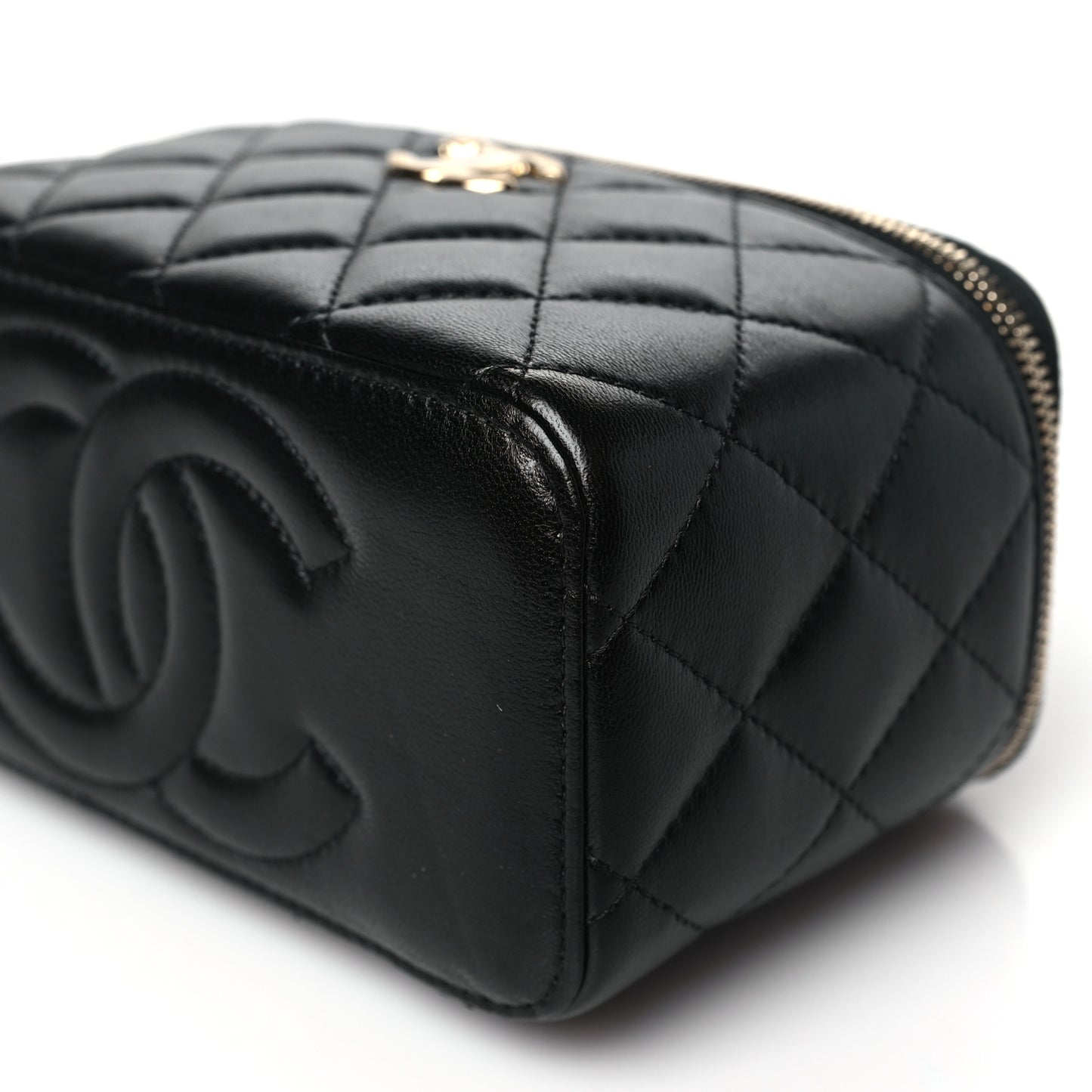 Lambskin Quilted Small Charming Top Handle Vanity Case With Chain Black