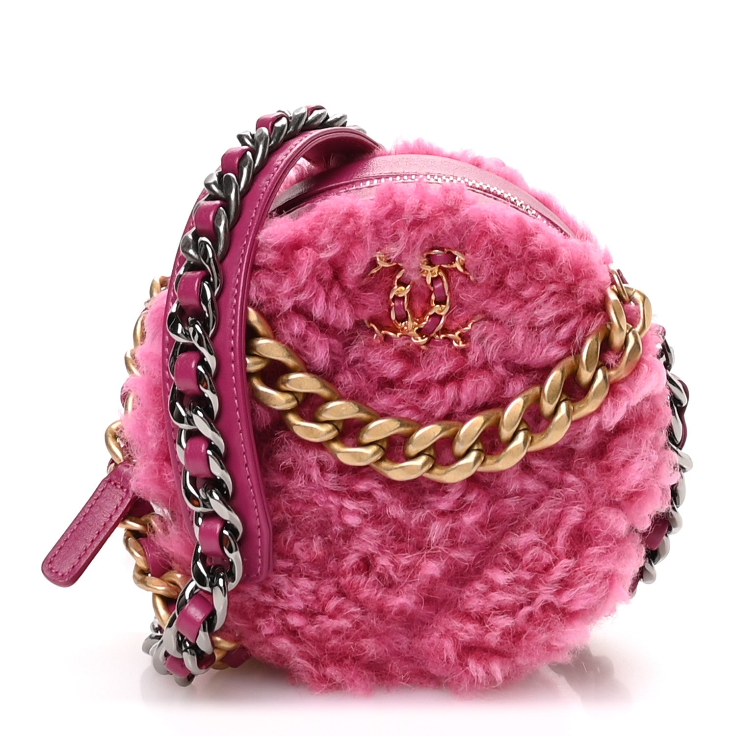 Chanel Shearling Sheepskin Chanel 19 Round Clutch With Chain Dark
