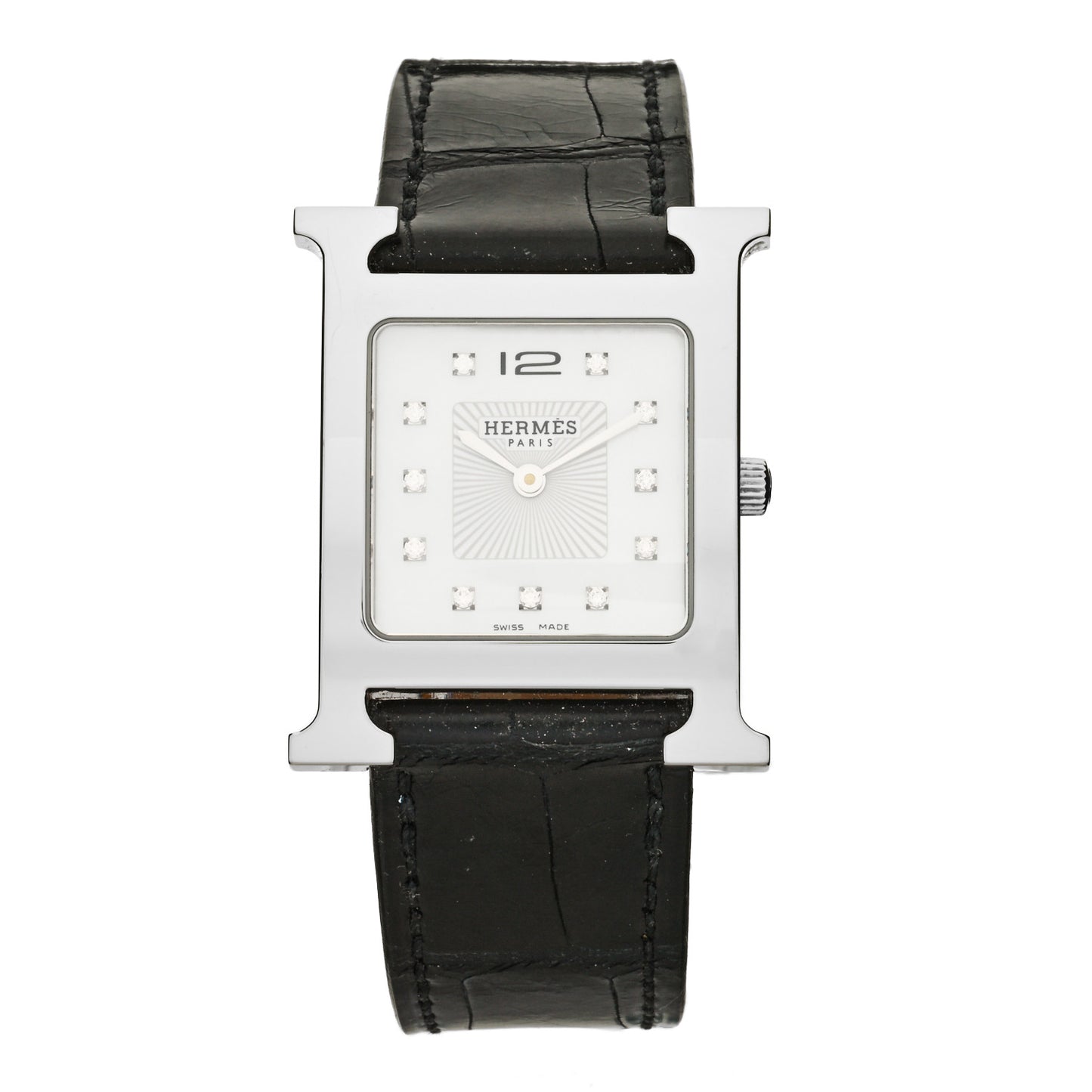 Stainless Steel Alligator Diamond Mother of Pearl 26mm Heure H Hour Quartz Watch Noir