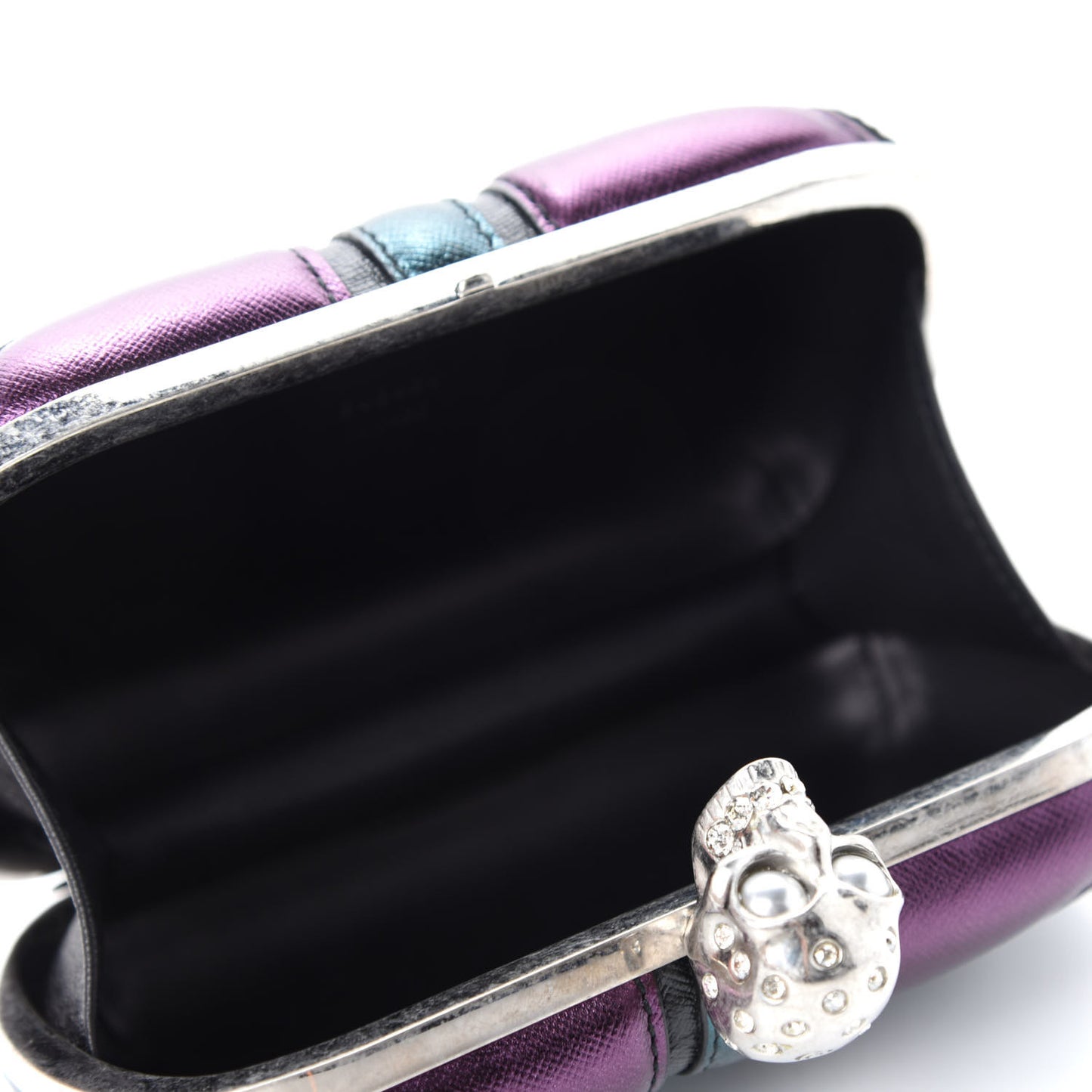 Metallic Saffiano Britannia Skull Box Clutch Green Black Purple