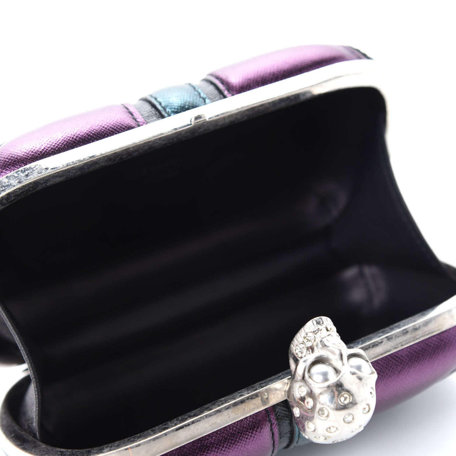 Alexander McQueen Metallic Saffiano Britannia Skull Box Clutch Green Black Purple 5 of 10
