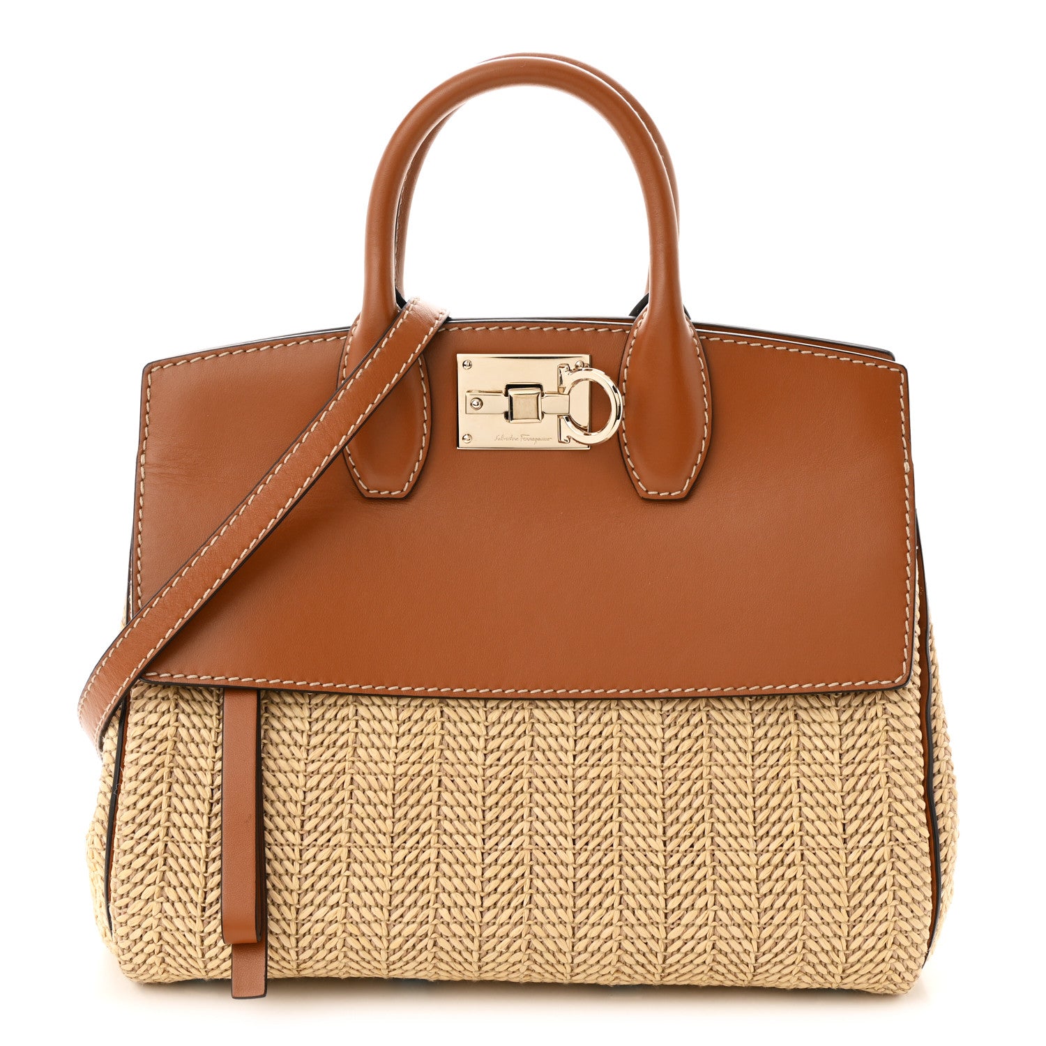 Salvatore Ferragamo Wicker Calfskin Medium The Studio Bag Naturale