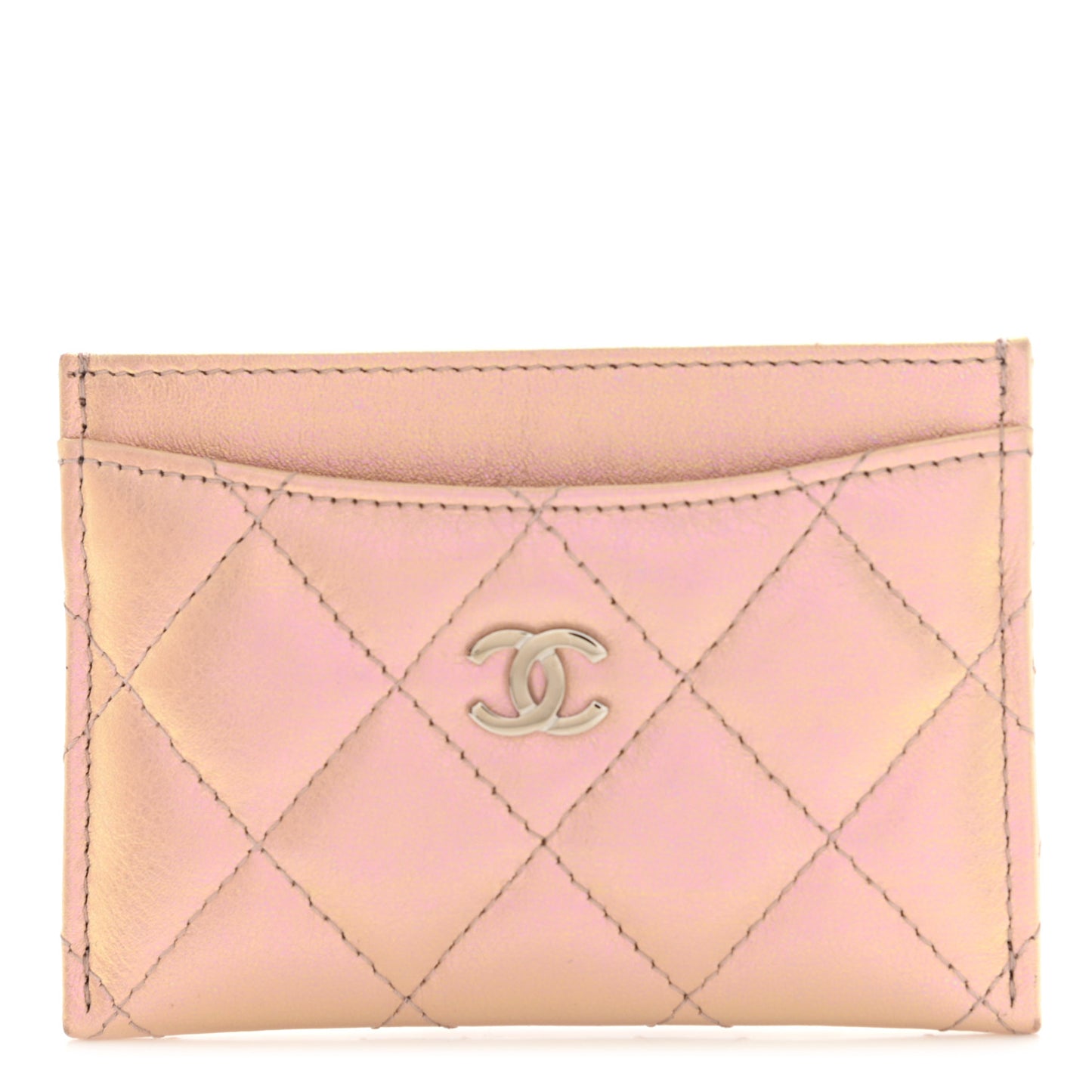 Iridescent Calfskin Quilted Card Holder Pink