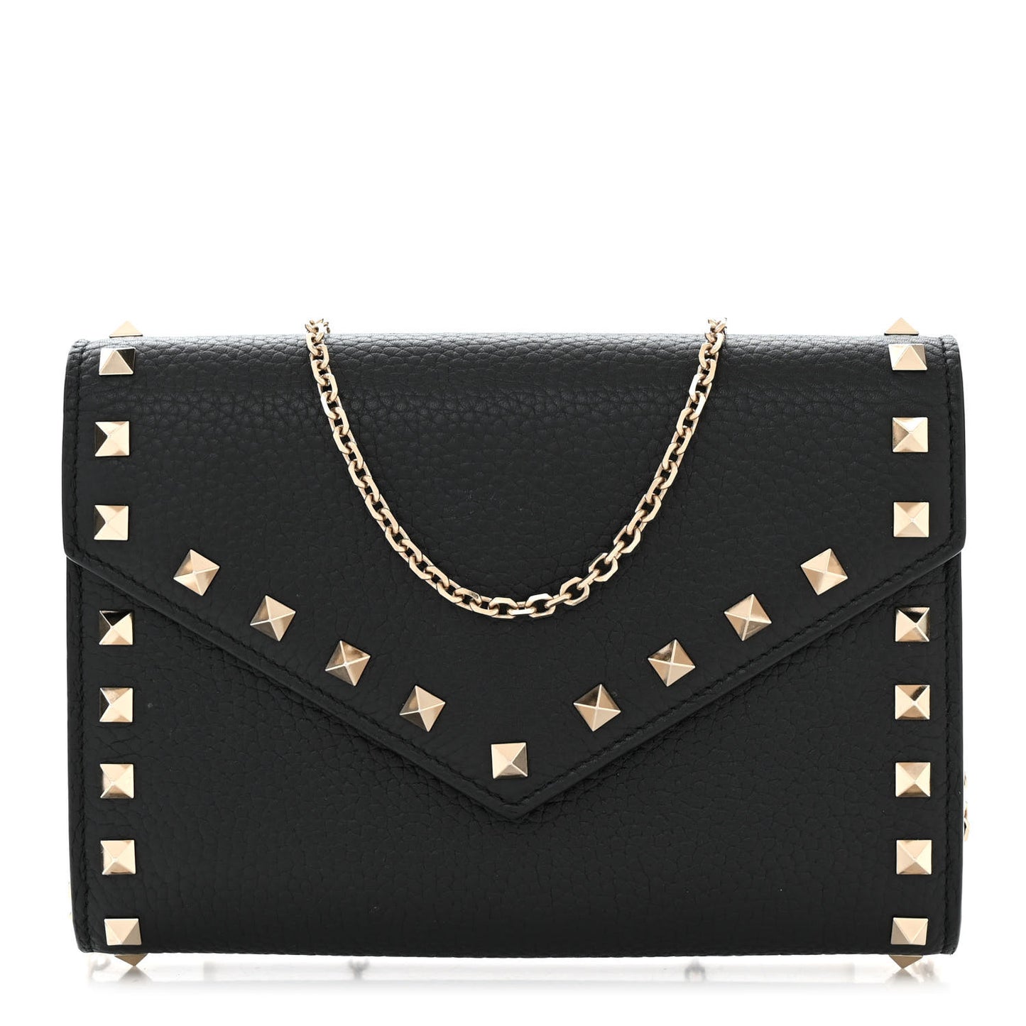 Pebbled Calfskin Rockstud Envelope Wallet on Chain Black