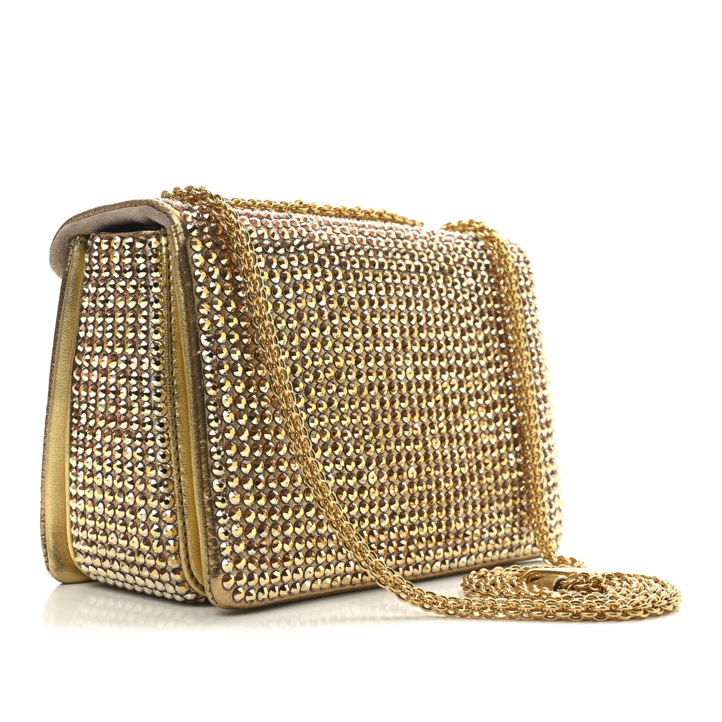 Crystal Embellished Metallic Calfskin Small One Stud Clutch With Chain Sunshine Gold